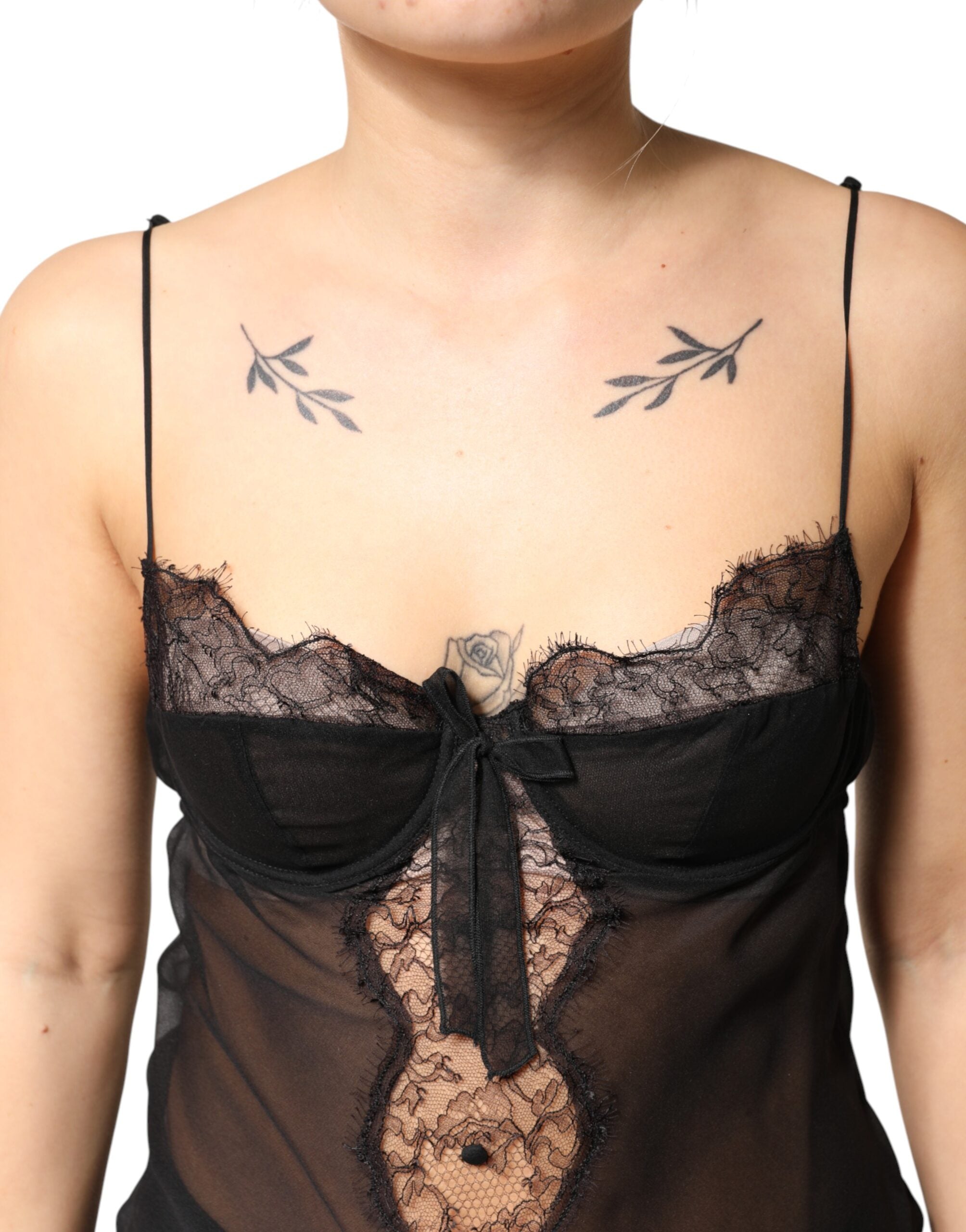 Black Silk Floral Lace Chemise Lingerie Top - ventzia