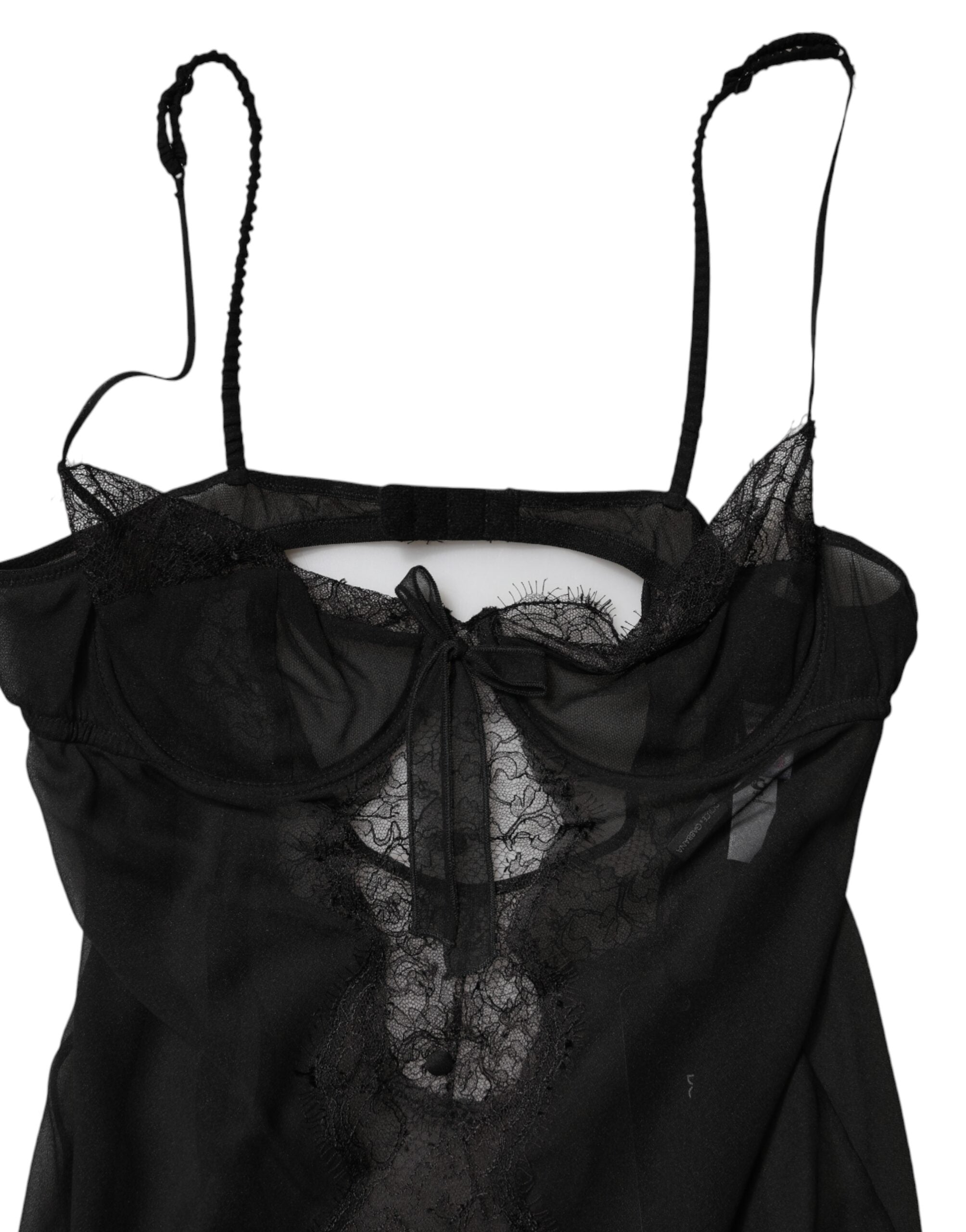 Black Silk Floral Lace Chemise Lingerie Top - ventzia