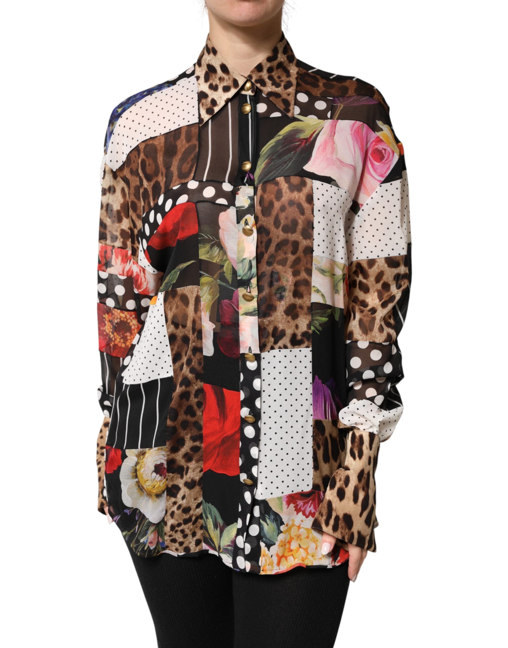 Multicolor Patchwork Silk CollaredBlouse Top - ventzia
