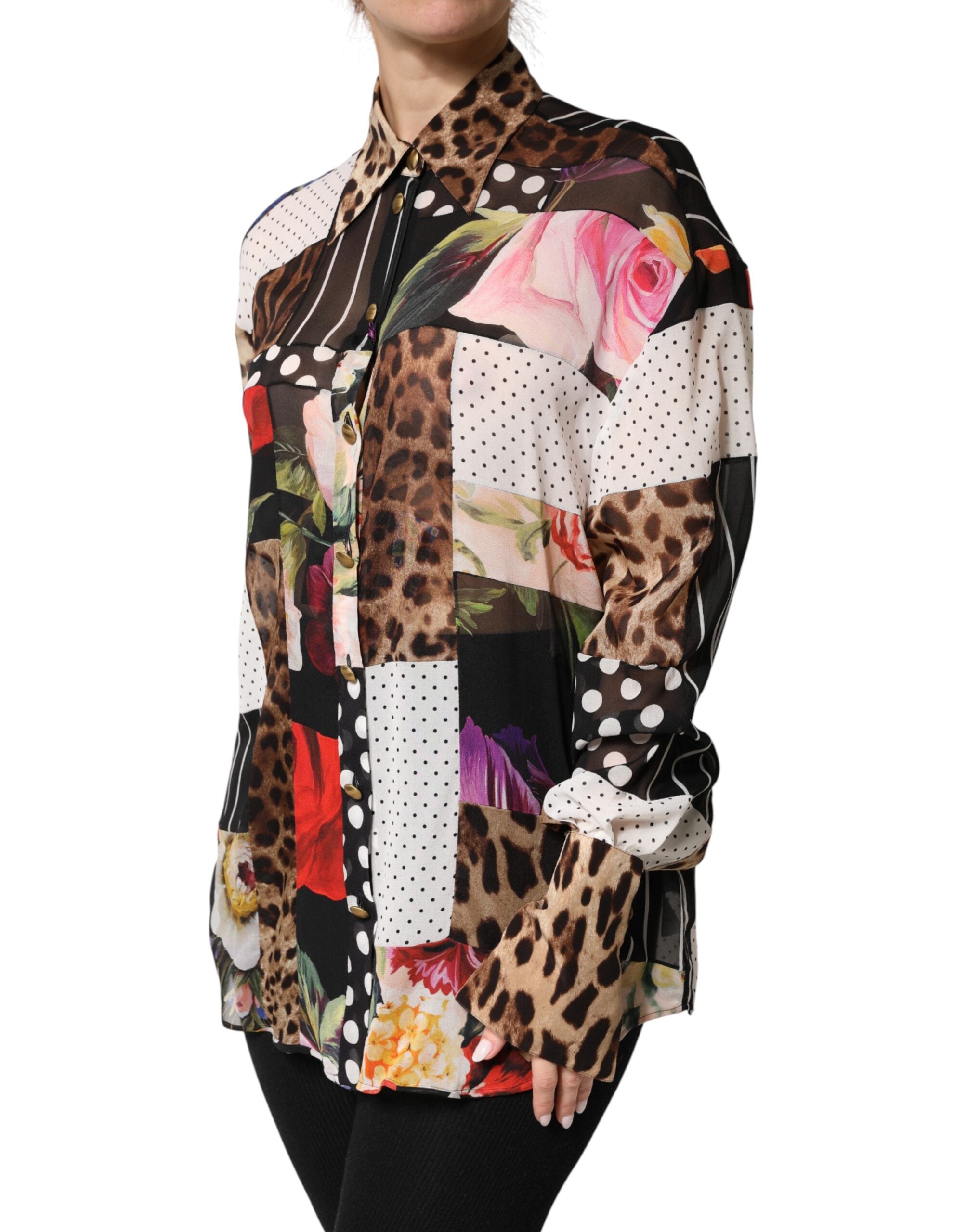 Multicolor Patchwork Silk CollaredBlouse Top - ventzia