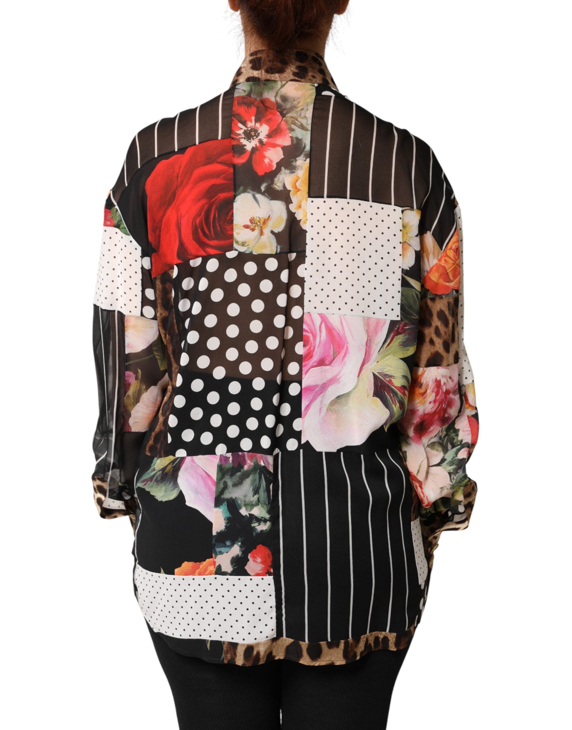Multicolor Patchwork Silk CollaredBlouse Top - ventzia