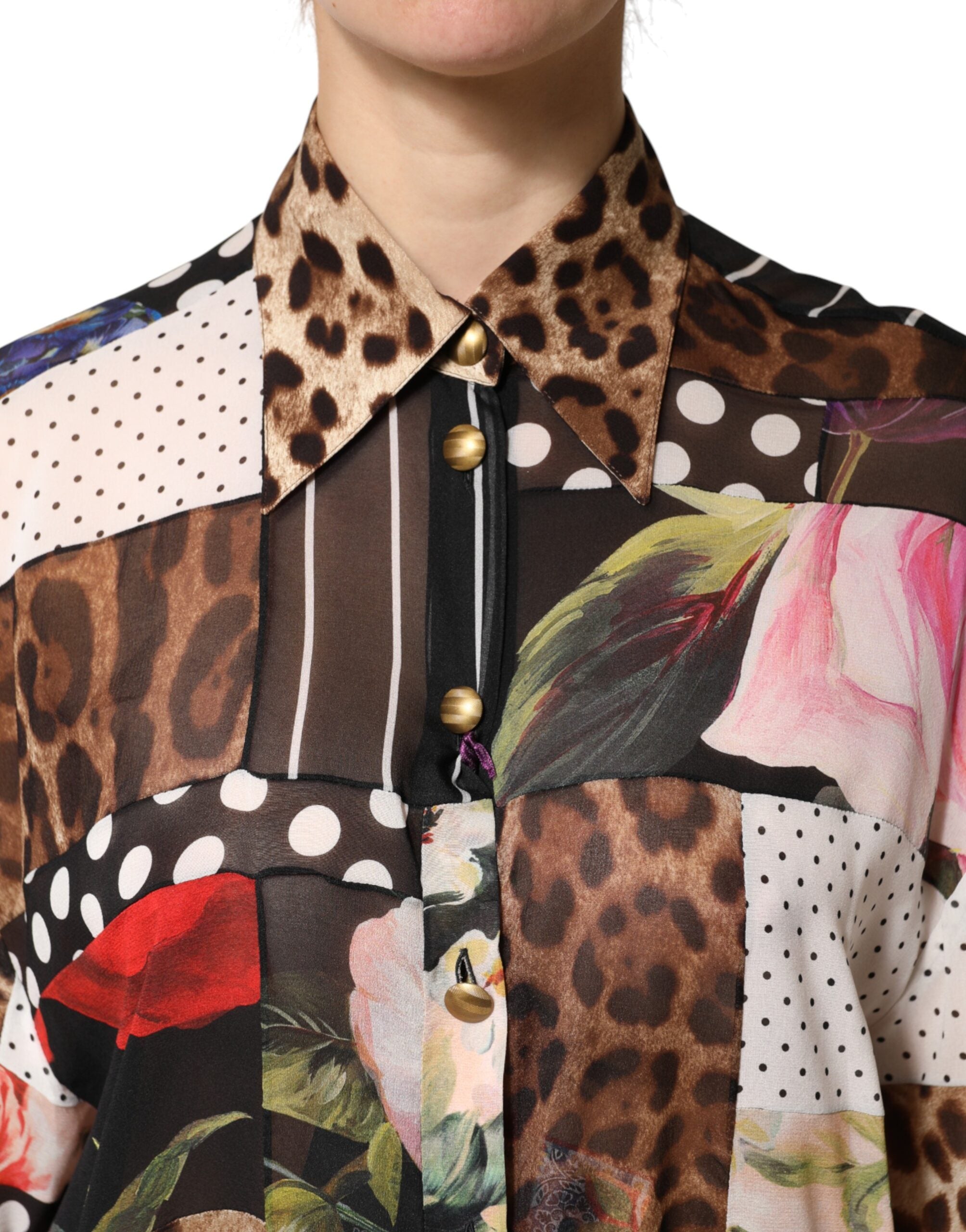 Multicolor Patchwork Silk CollaredBlouse Top - ventzia