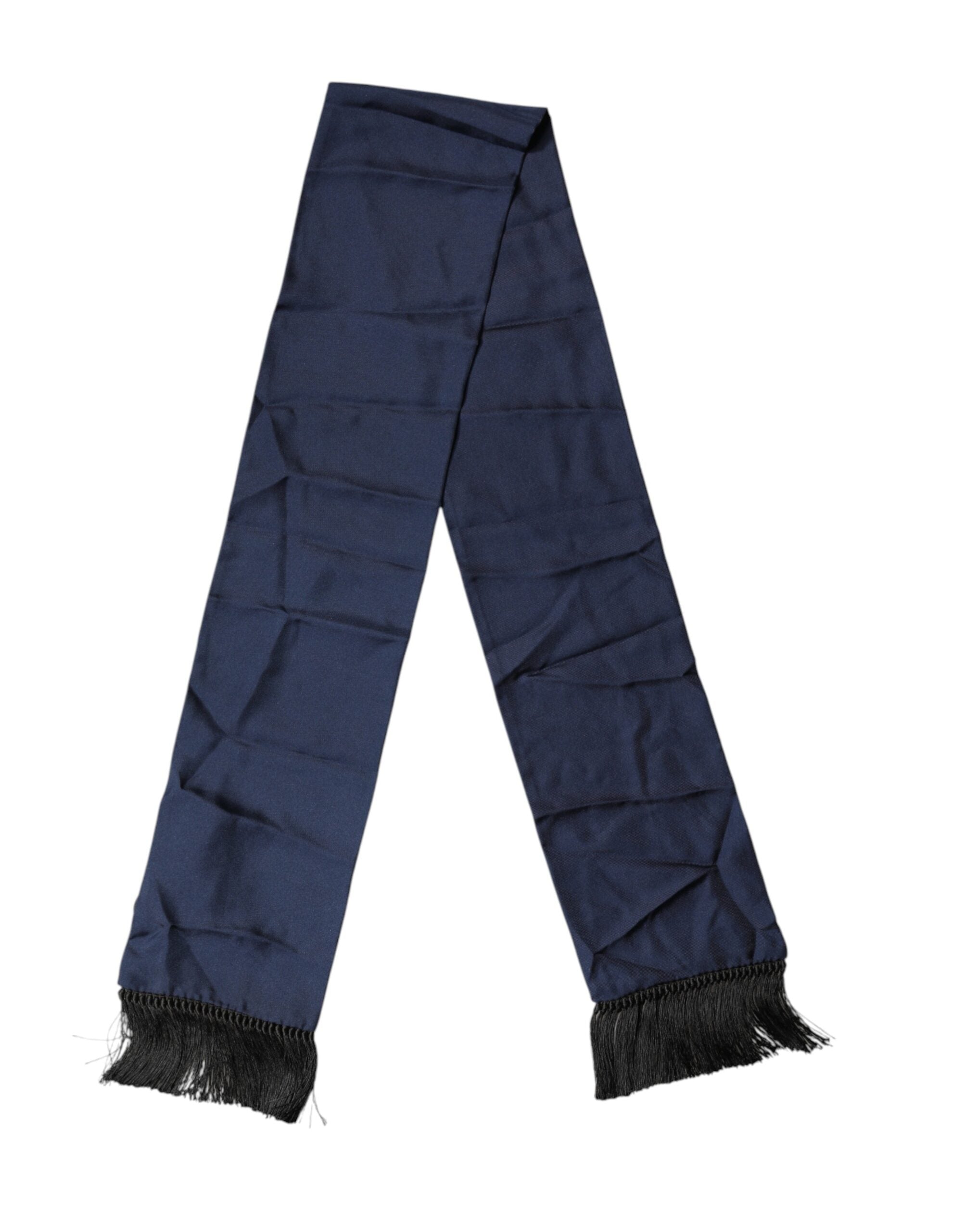 Navy Blue Silk Fringes Neck Foulard Scarf - ventzia