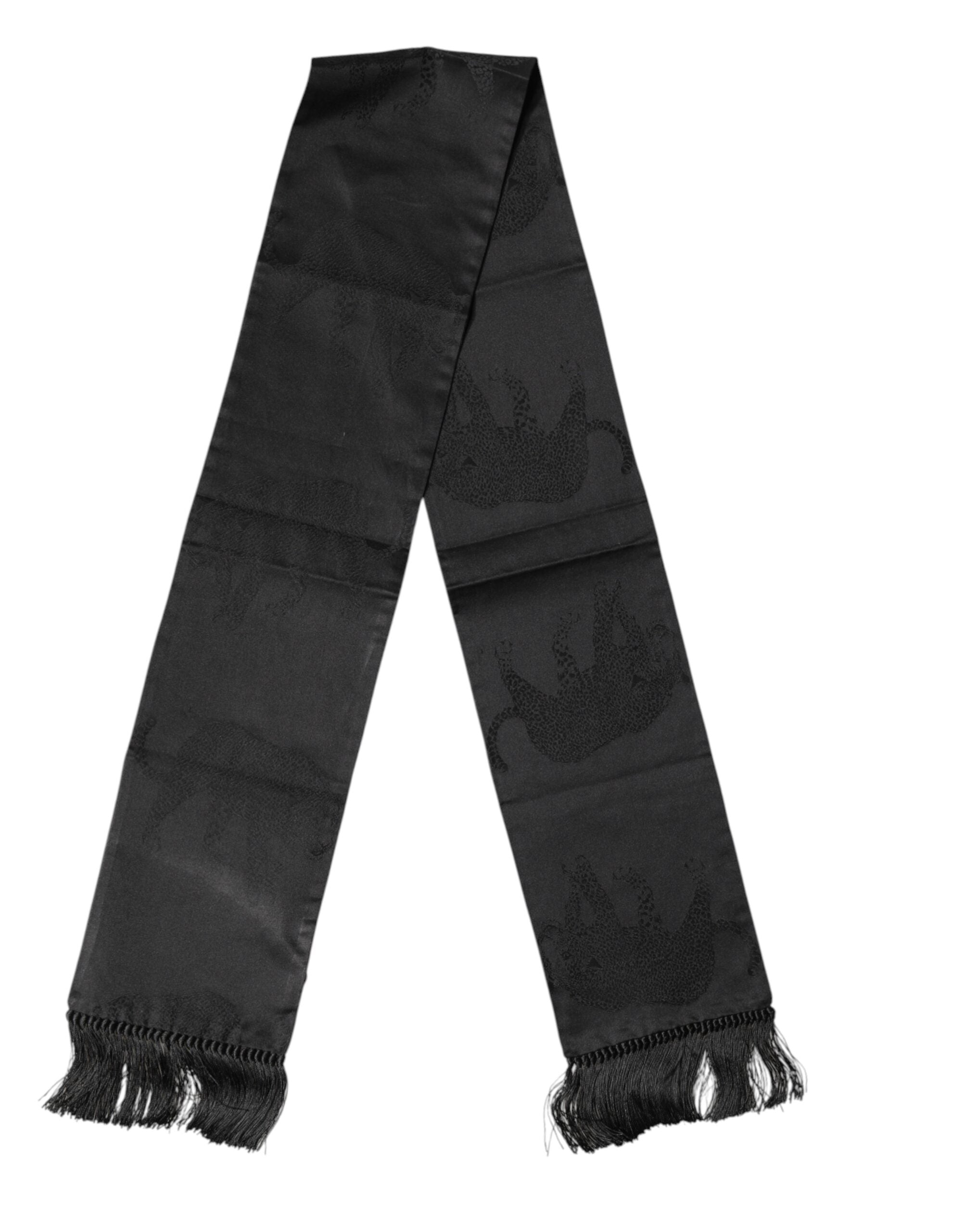 Black Satin Silk Fringes Neck Foulard Scarf - ventzia