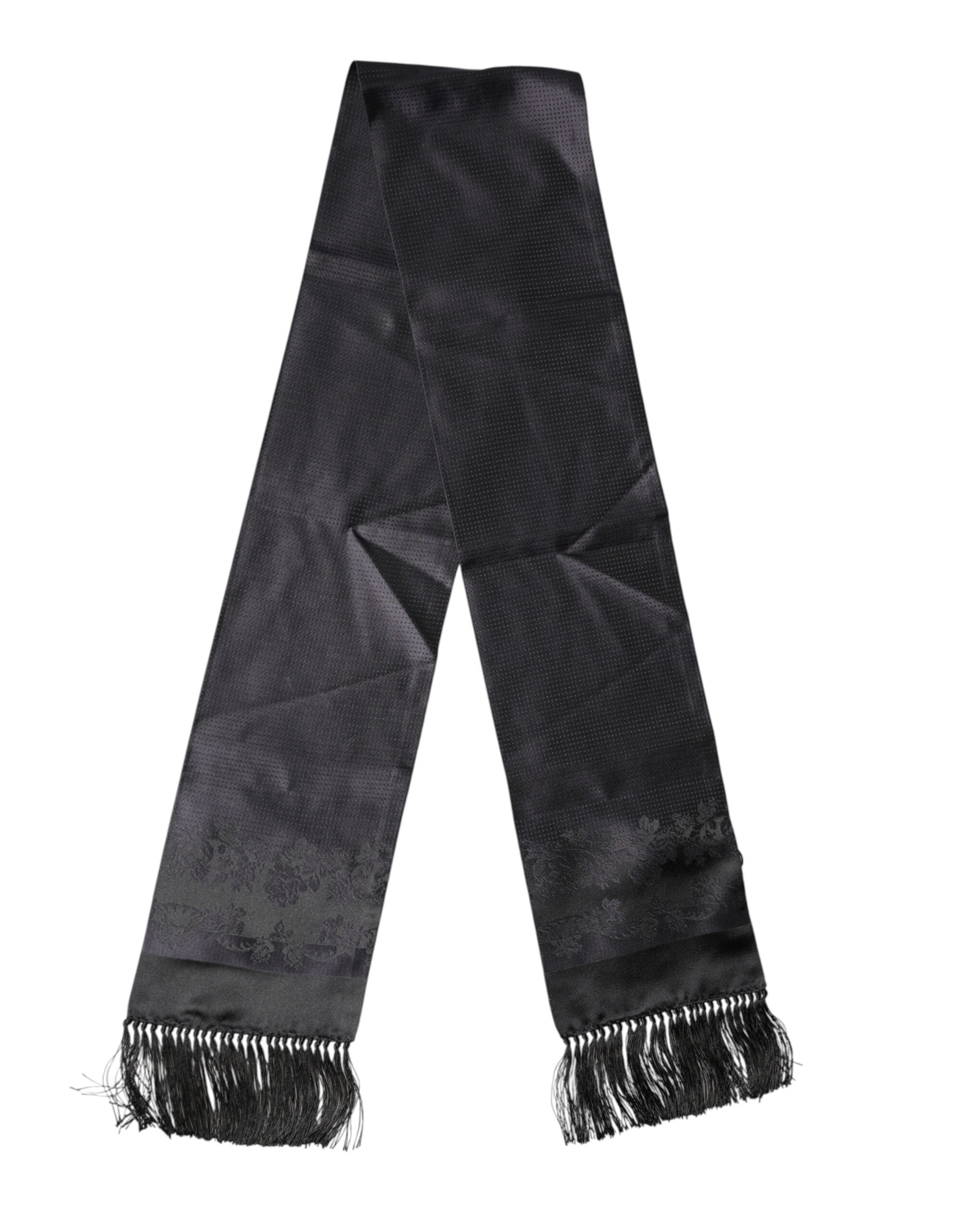 Black Satin Silk Fringes Neck Foulard Scarf - ventzia