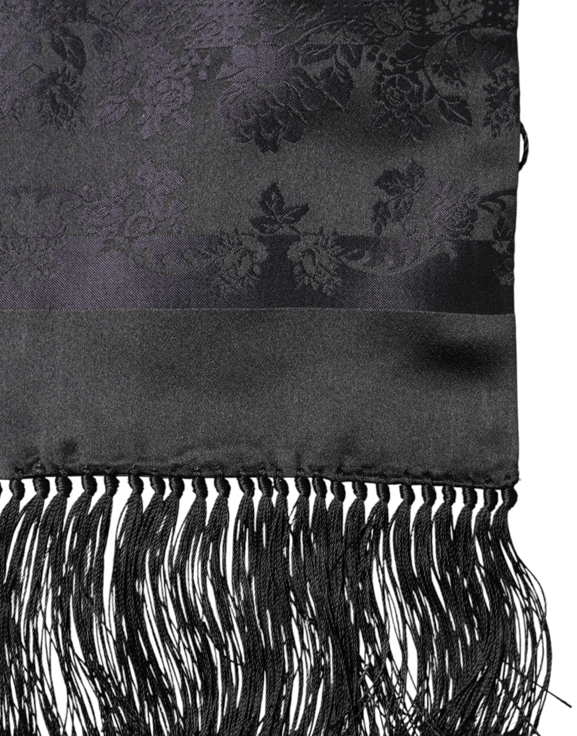 Black Satin Silk Fringes Neck Foulard Scarf - ventzia