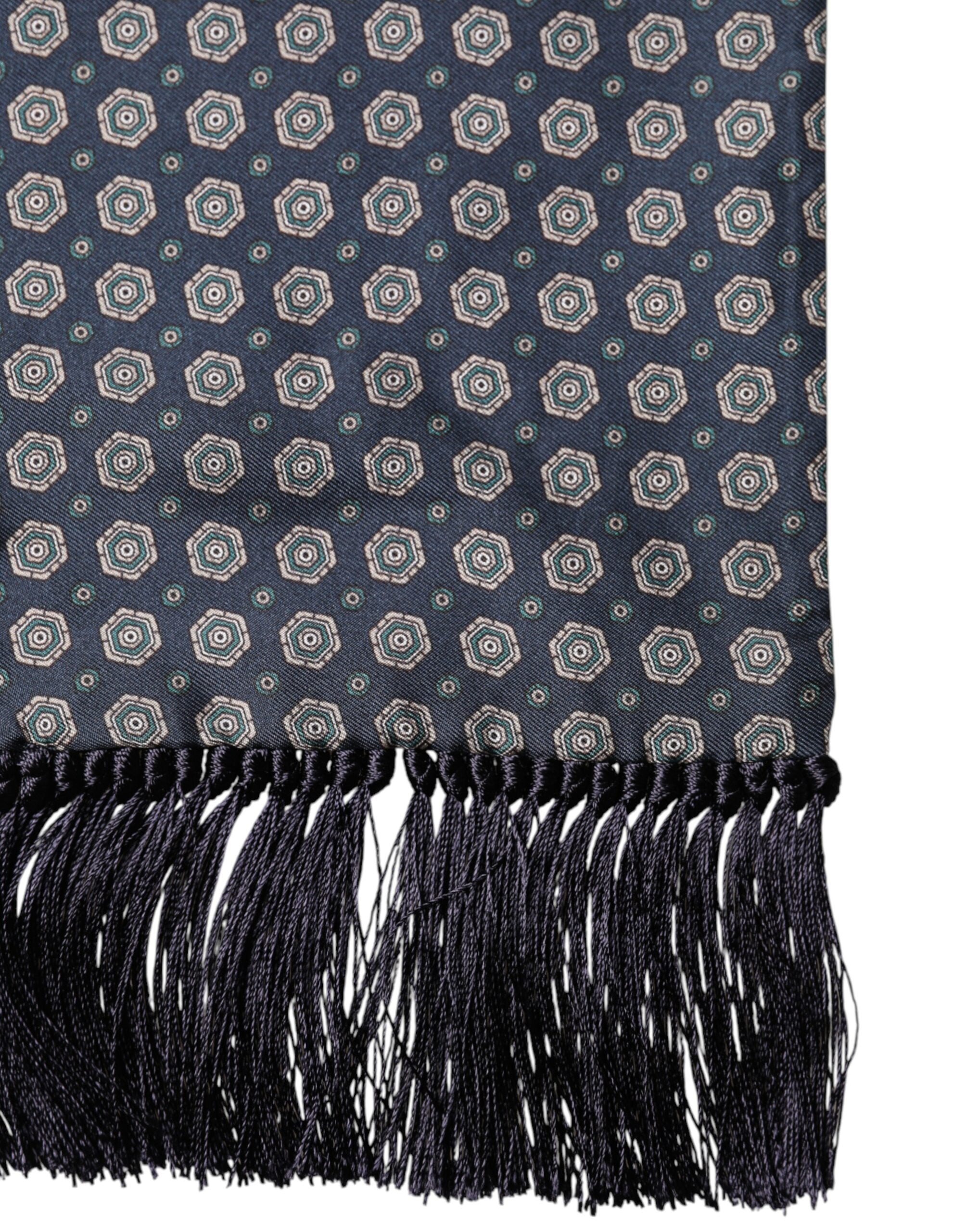 Blue Patterned Silk Fringes Foulard 138cm x 15.5cm Scarf - ventzia