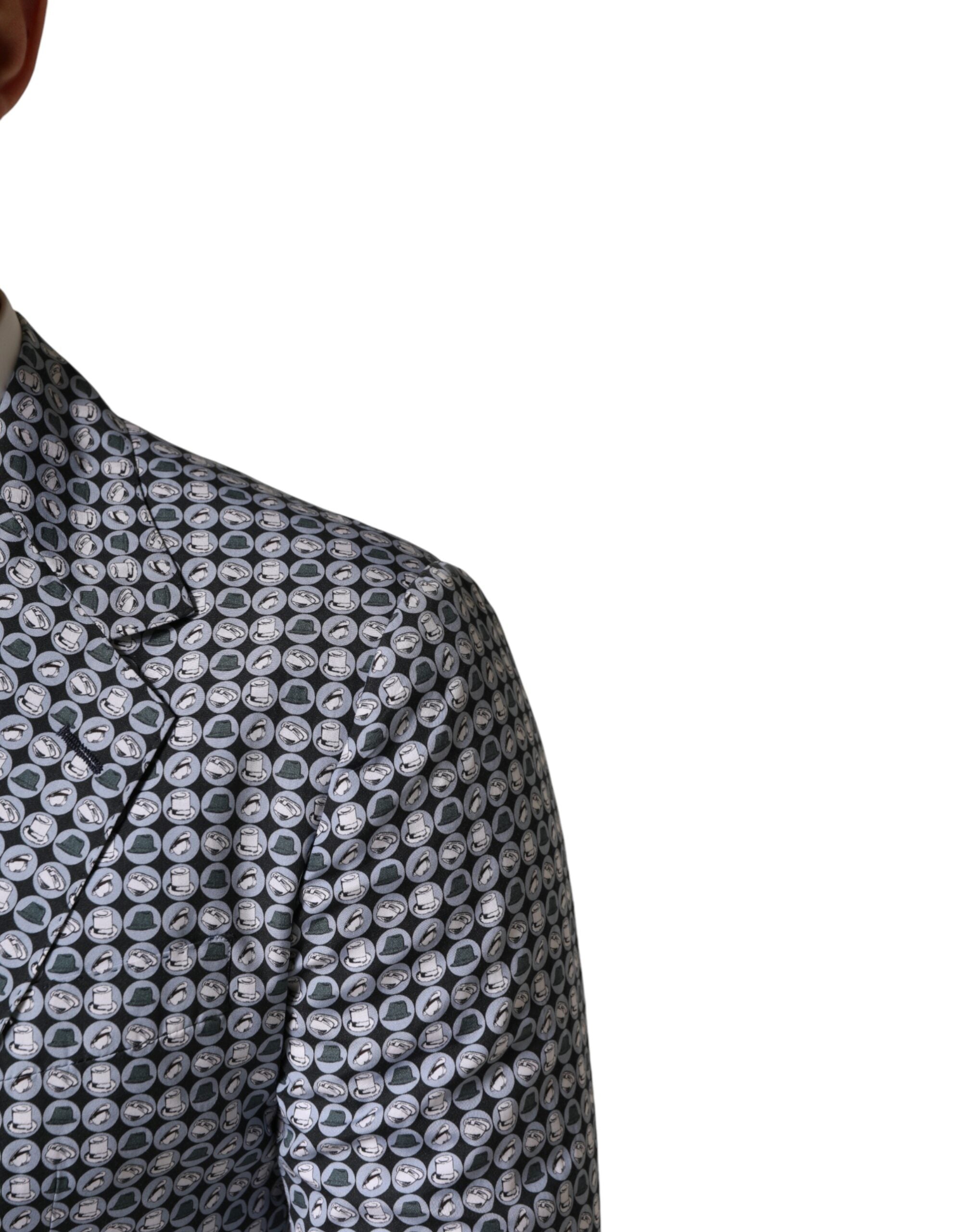 Blue Cotton Patterned Single Breasted Blazer - ventzia