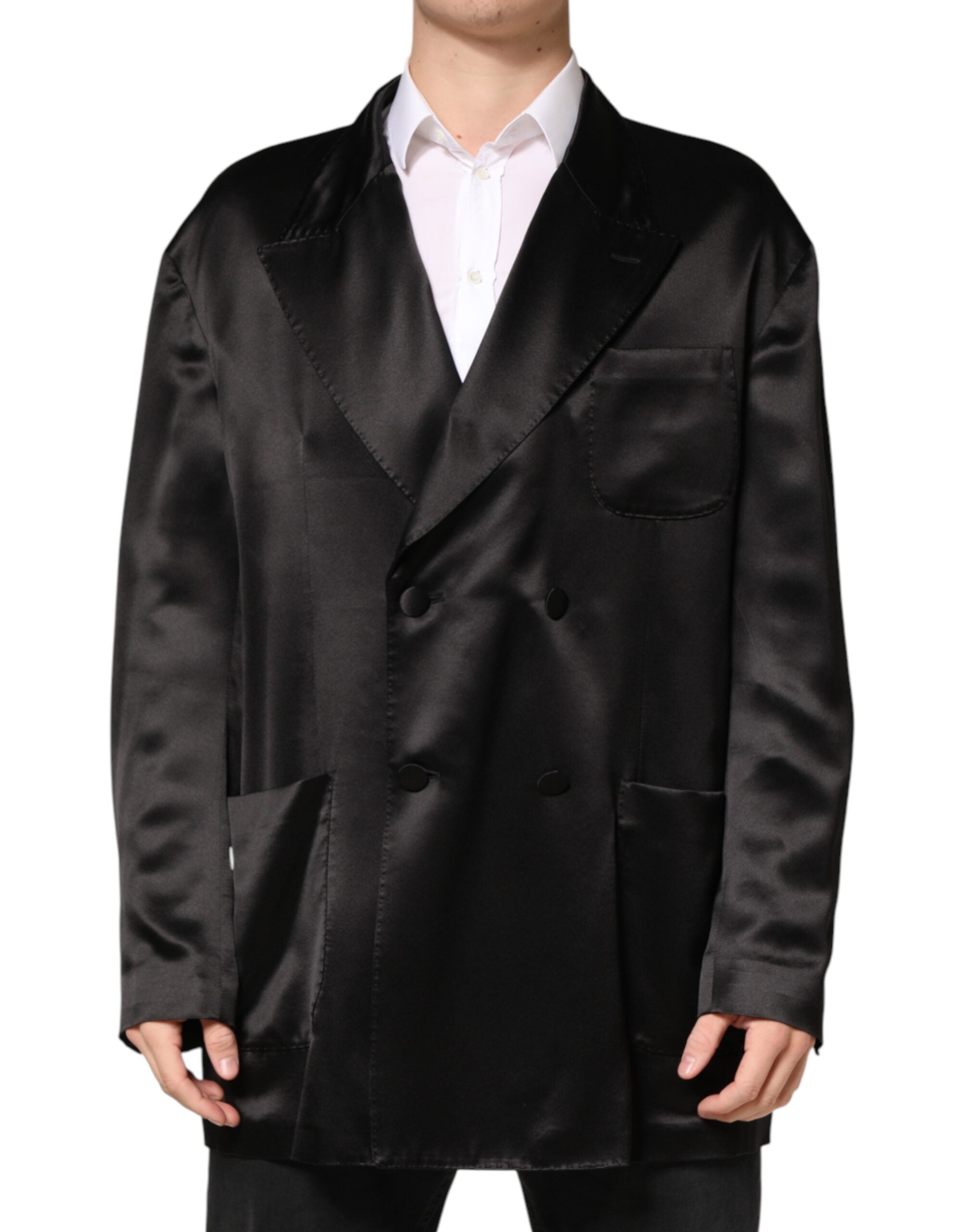 Black Silk Double Breasted 2 Button Blazer - ventzia