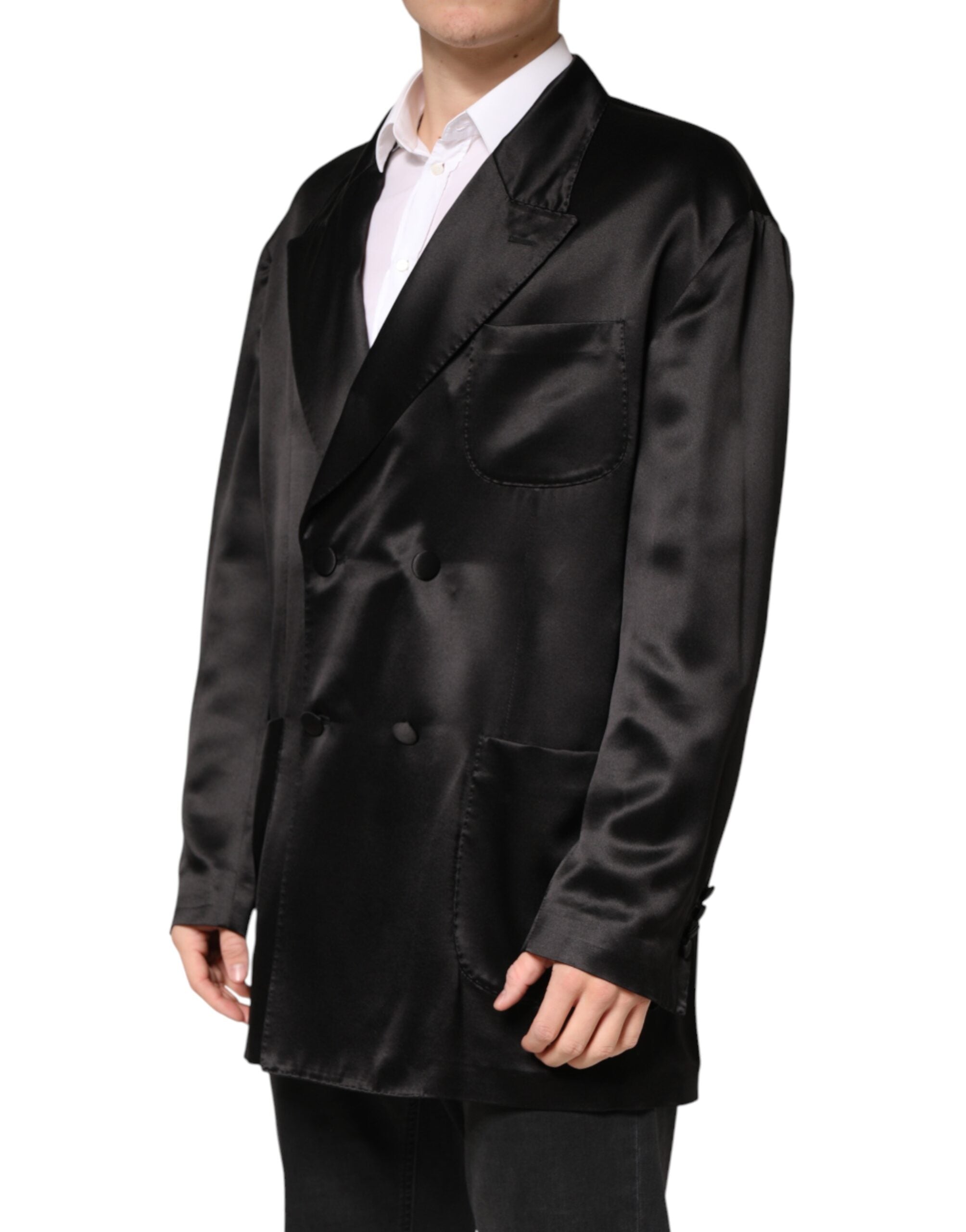 Black Silk Double Breasted 2 Button Blazer - ventzia