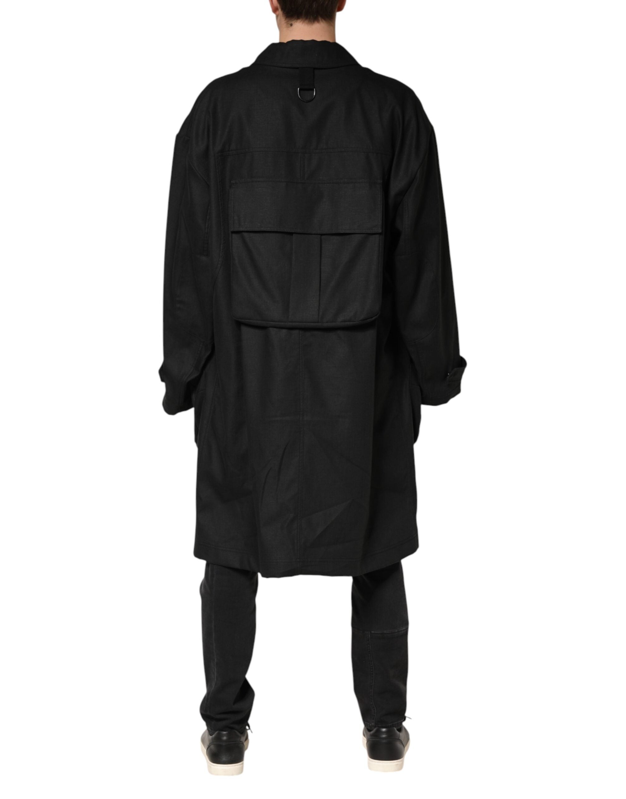 Black Pockets Collared Trench Coat Jacket - ventzia