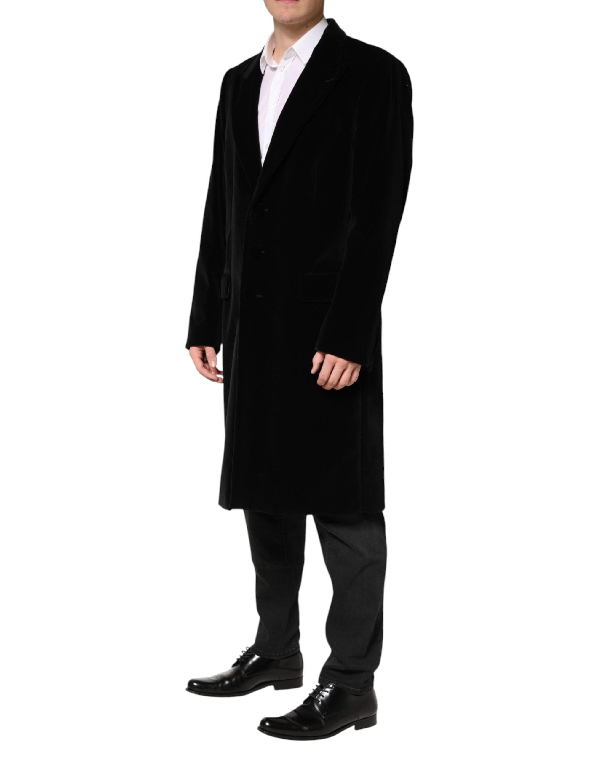 Black Cotton Velvet Long Trench Coat Jacket - ventzia