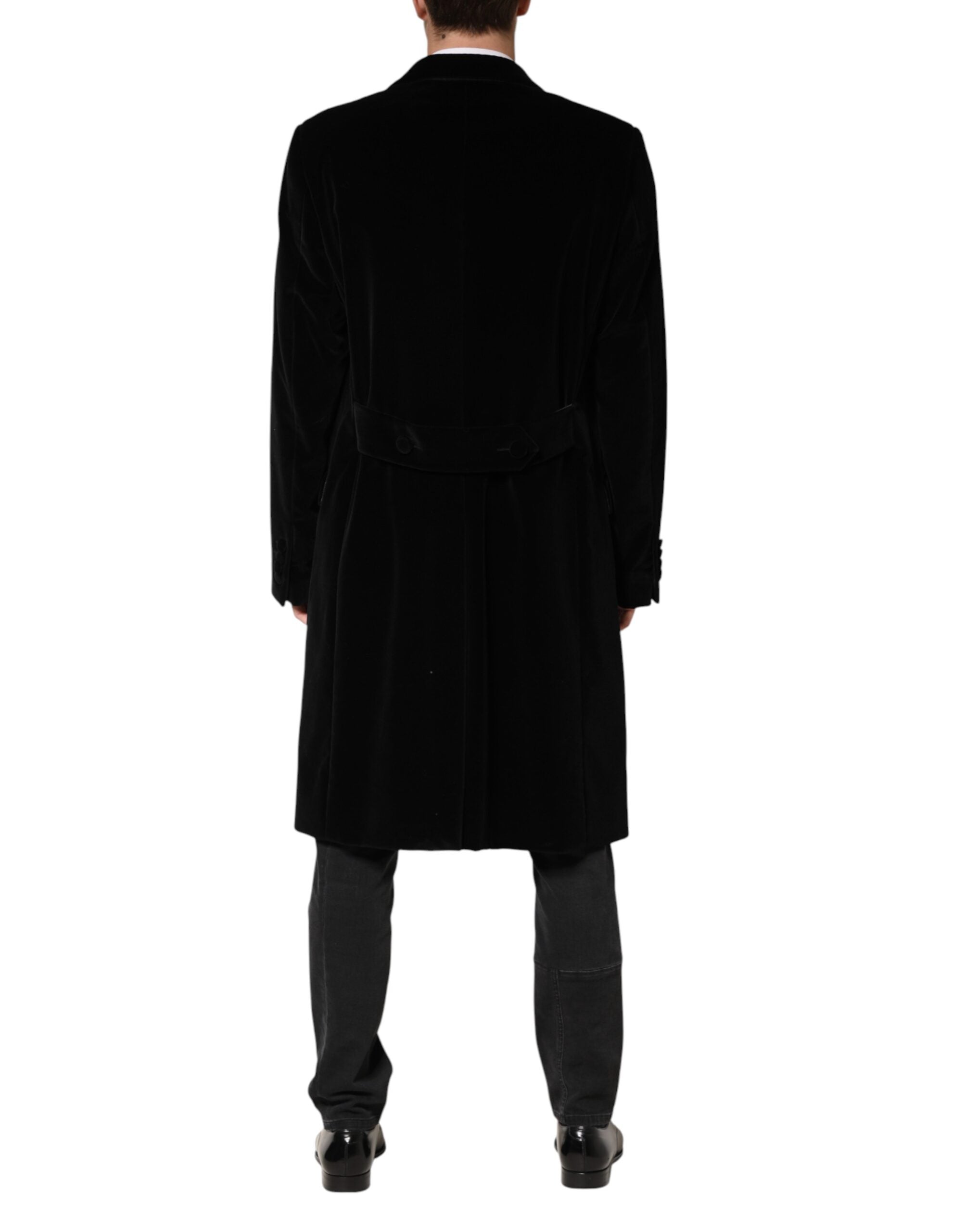 Black Cotton Velvet Long Trench Coat Jacket - ventzia