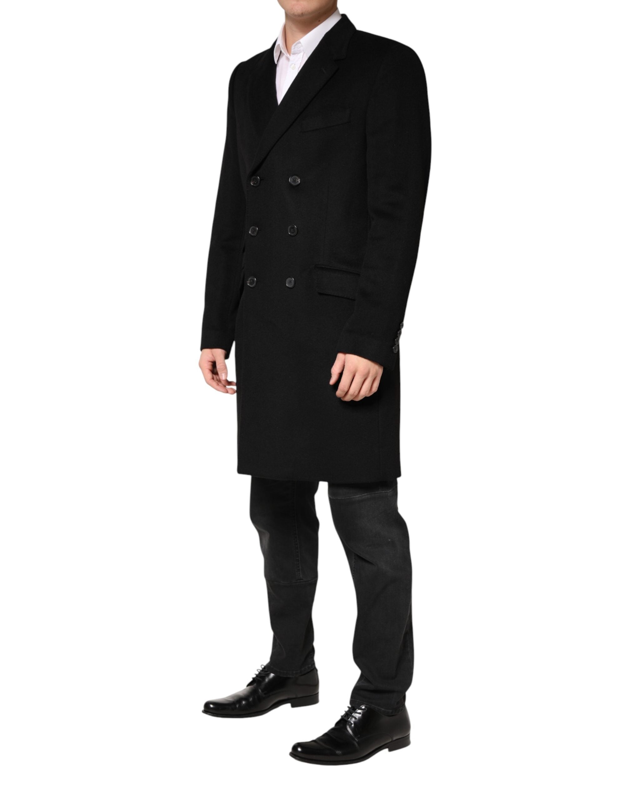 Black Wool Double Breasted TrenchCoat Jacket - ventzia