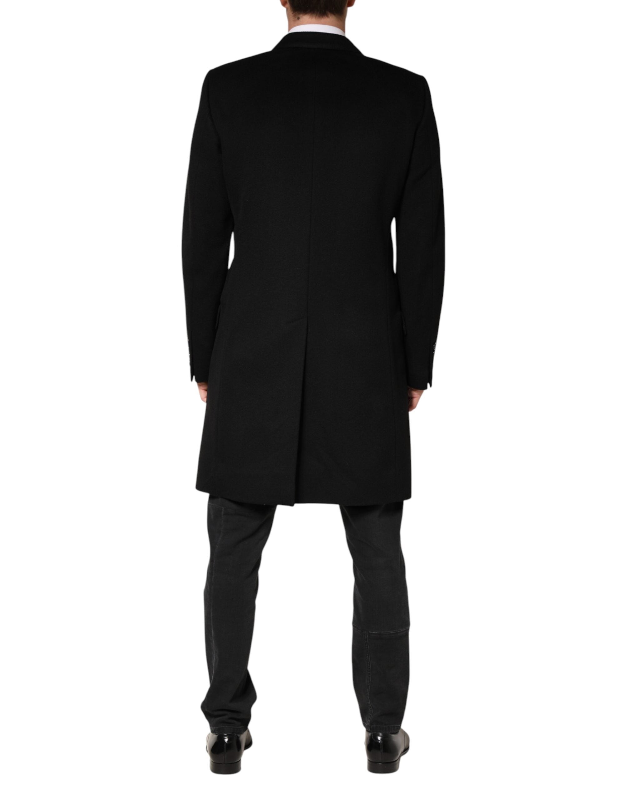 Black Wool Double Breasted TrenchCoat Jacket - ventzia
