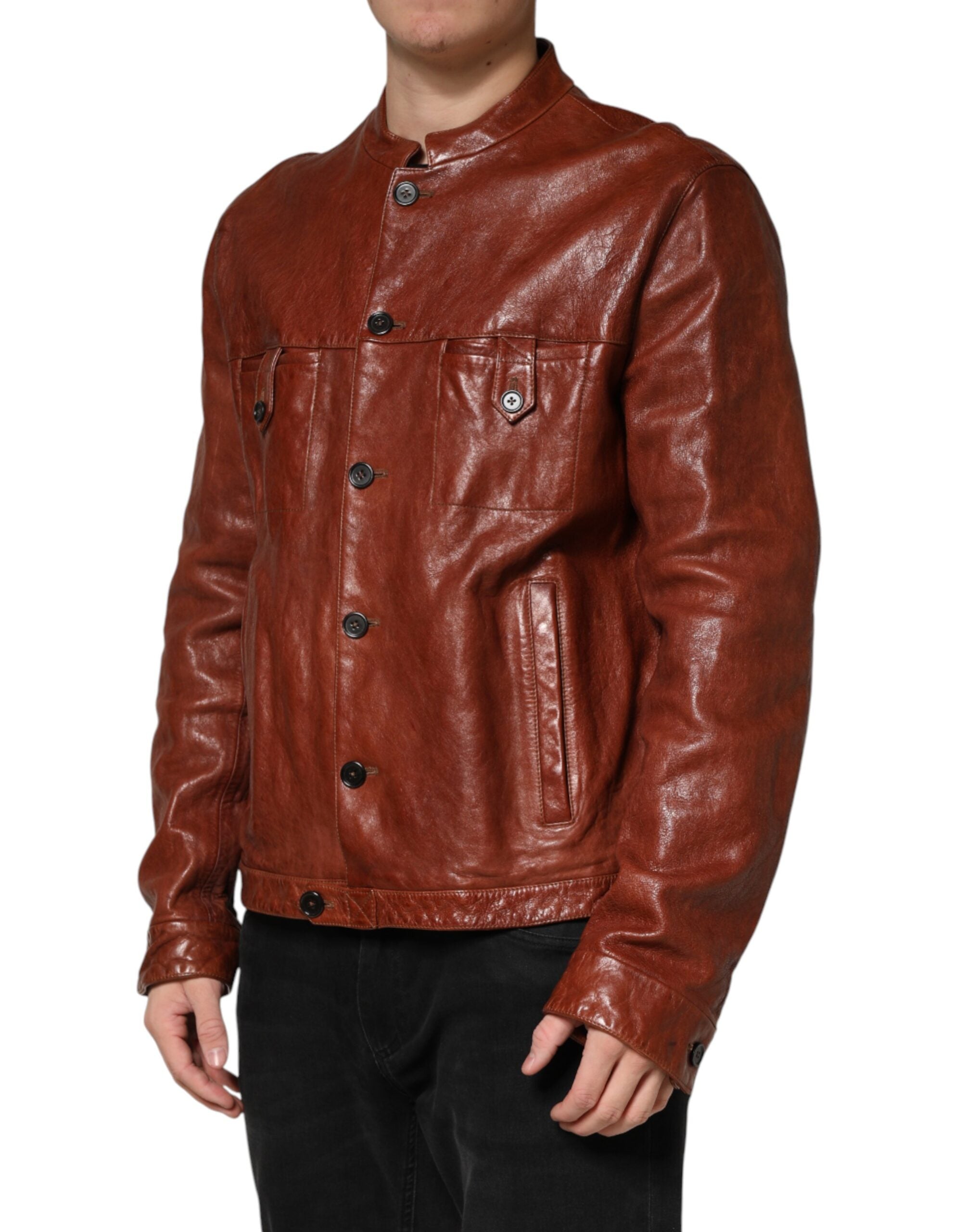 Brown Leather Button Down Men Biker Jacket - ventzia