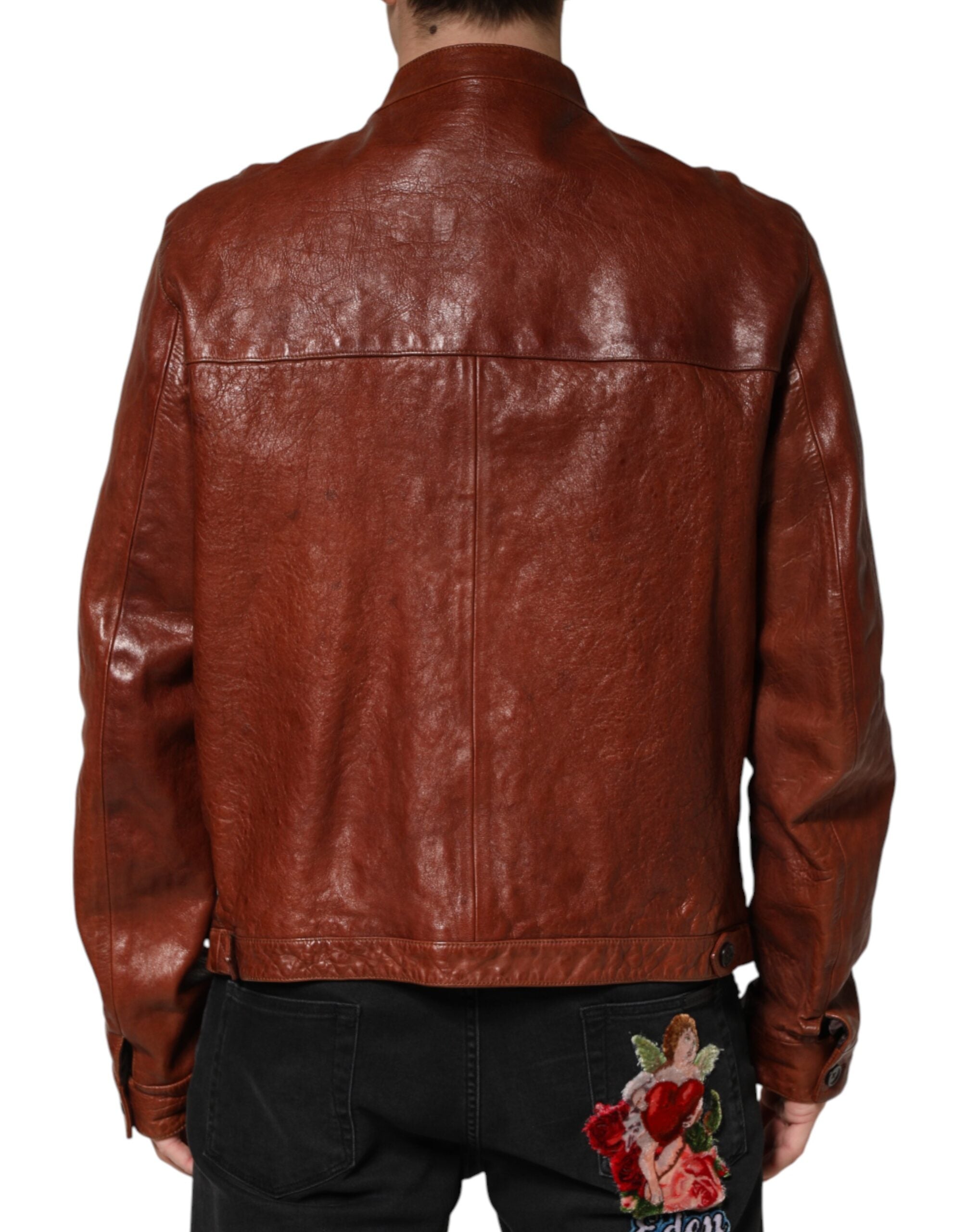 Brown Leather Button Down Men Biker Jacket - ventzia
