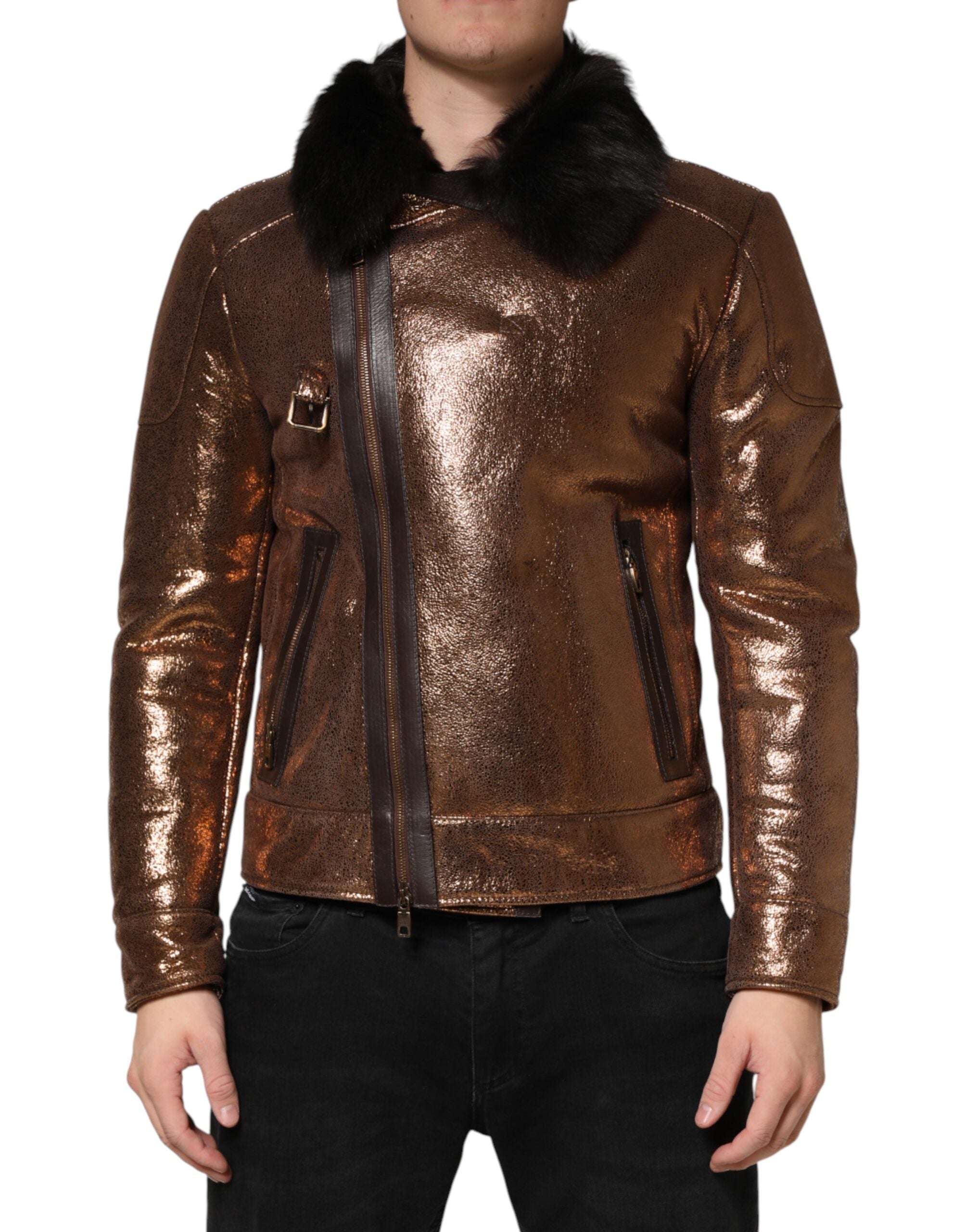 Bronze Leather Fur Full Zip Men Biker Jacket - ventzia