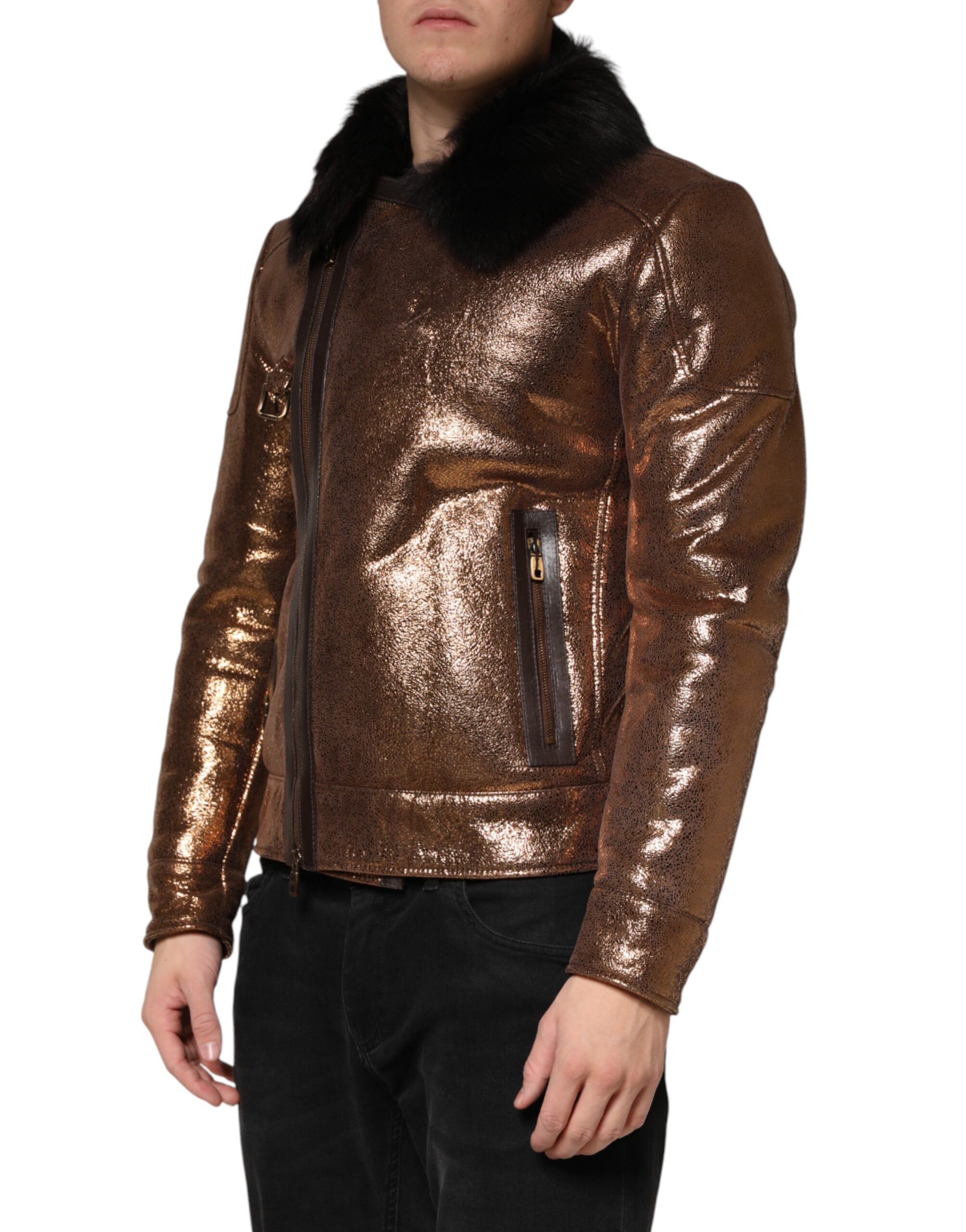 Bronze Leather Fur Full Zip Men Biker Jacket - ventzia