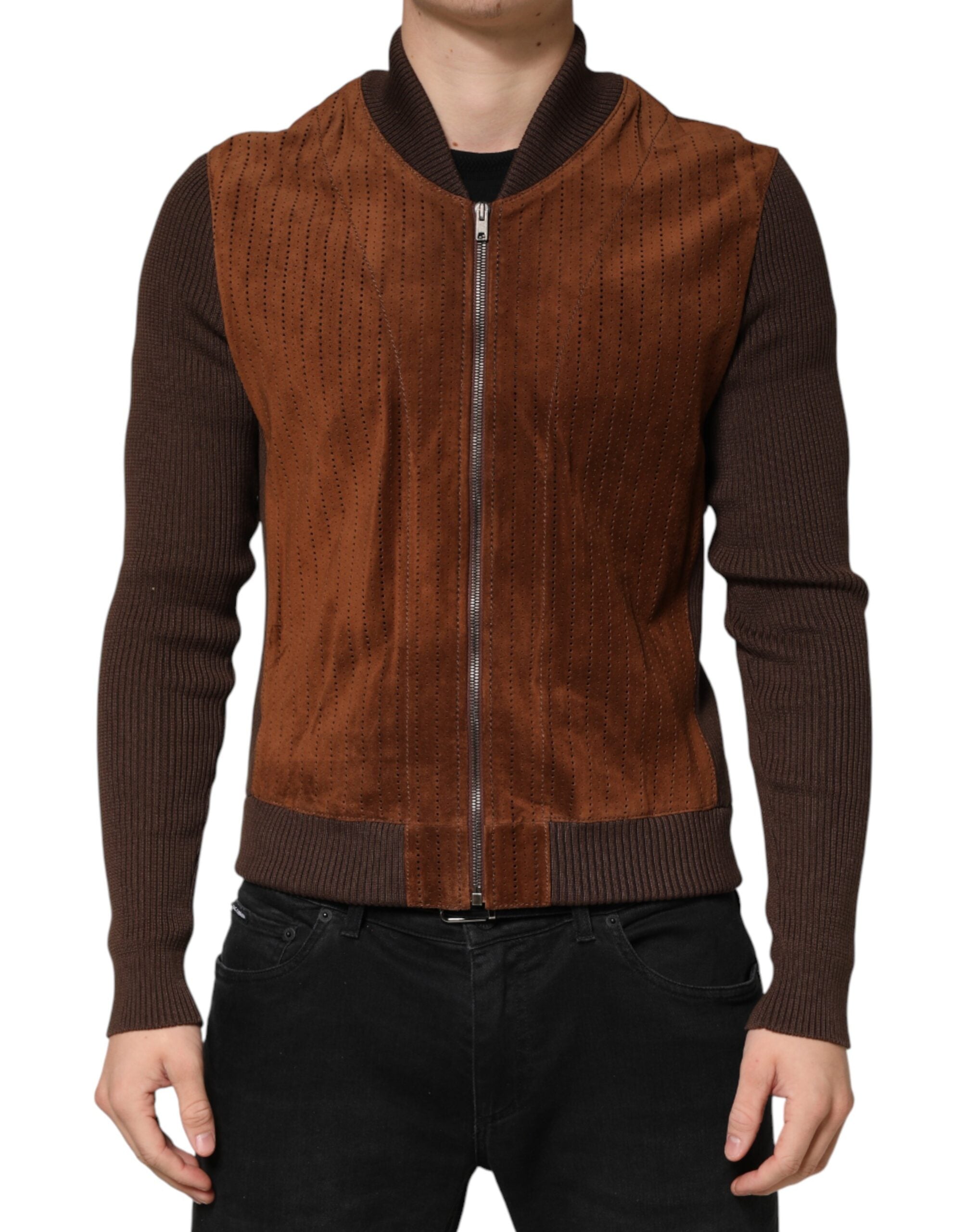 Brown Velvet Calfskin Full Zip Biker Jacket - ventzia