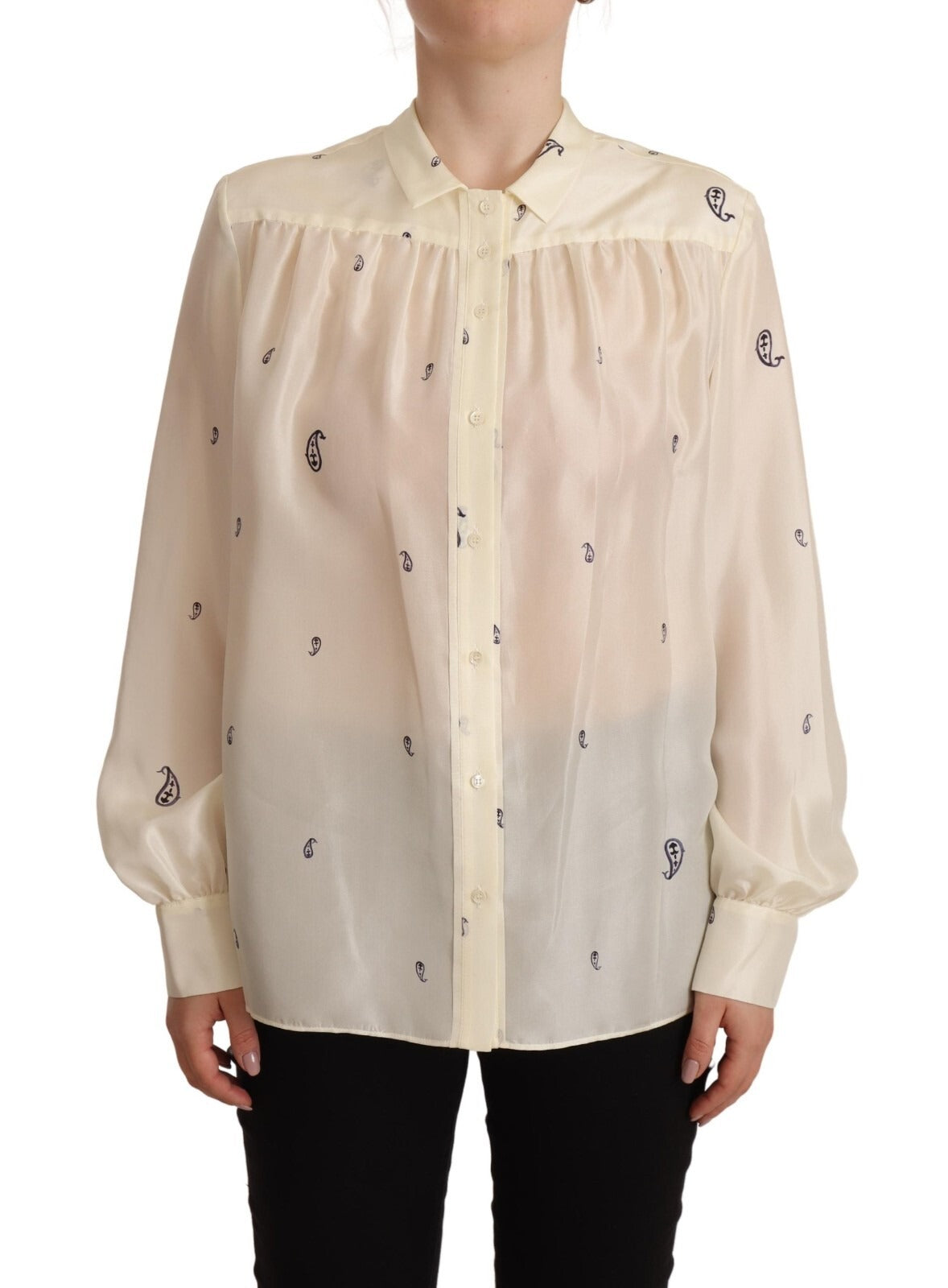 Off White 100% Silk Long Sleeves Collared Top Blouse - ventzia