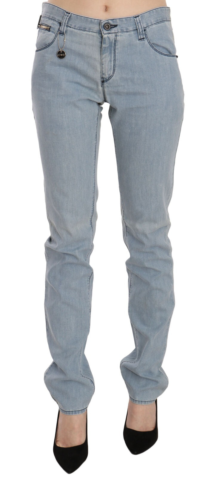 Light Blue Mid Waist Skinny Denim Jeans - ventzia