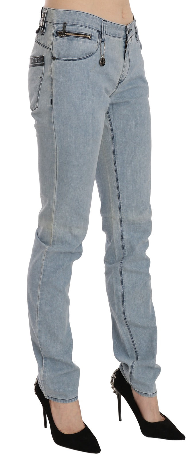 Light Blue Mid Waist Skinny Denim Jeans - ventzia