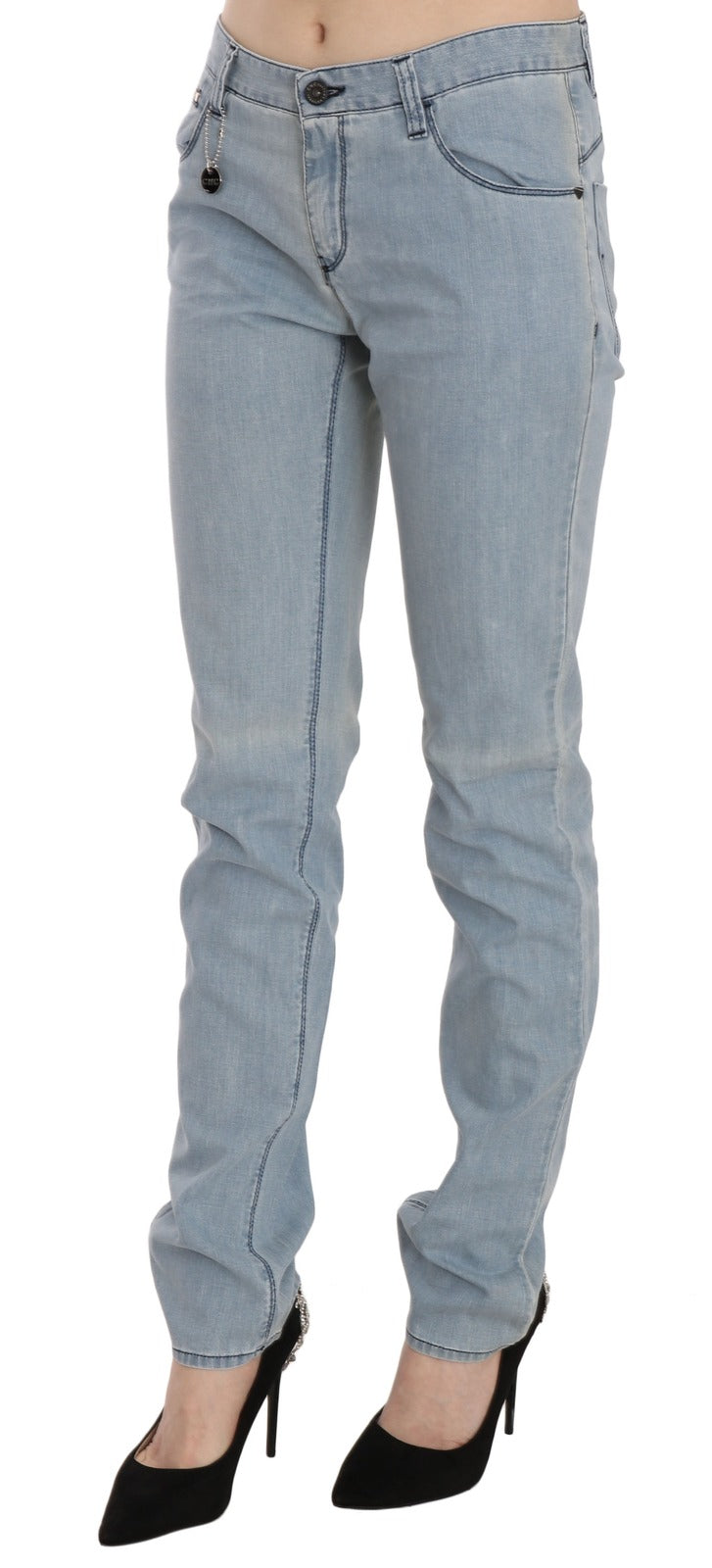 Light Blue Mid Waist Skinny Denim Jeans - ventzia
