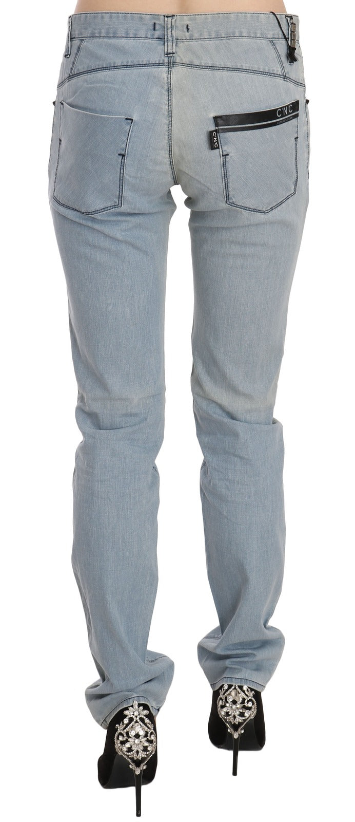 Light Blue Mid Waist Skinny Denim Jeans - ventzia