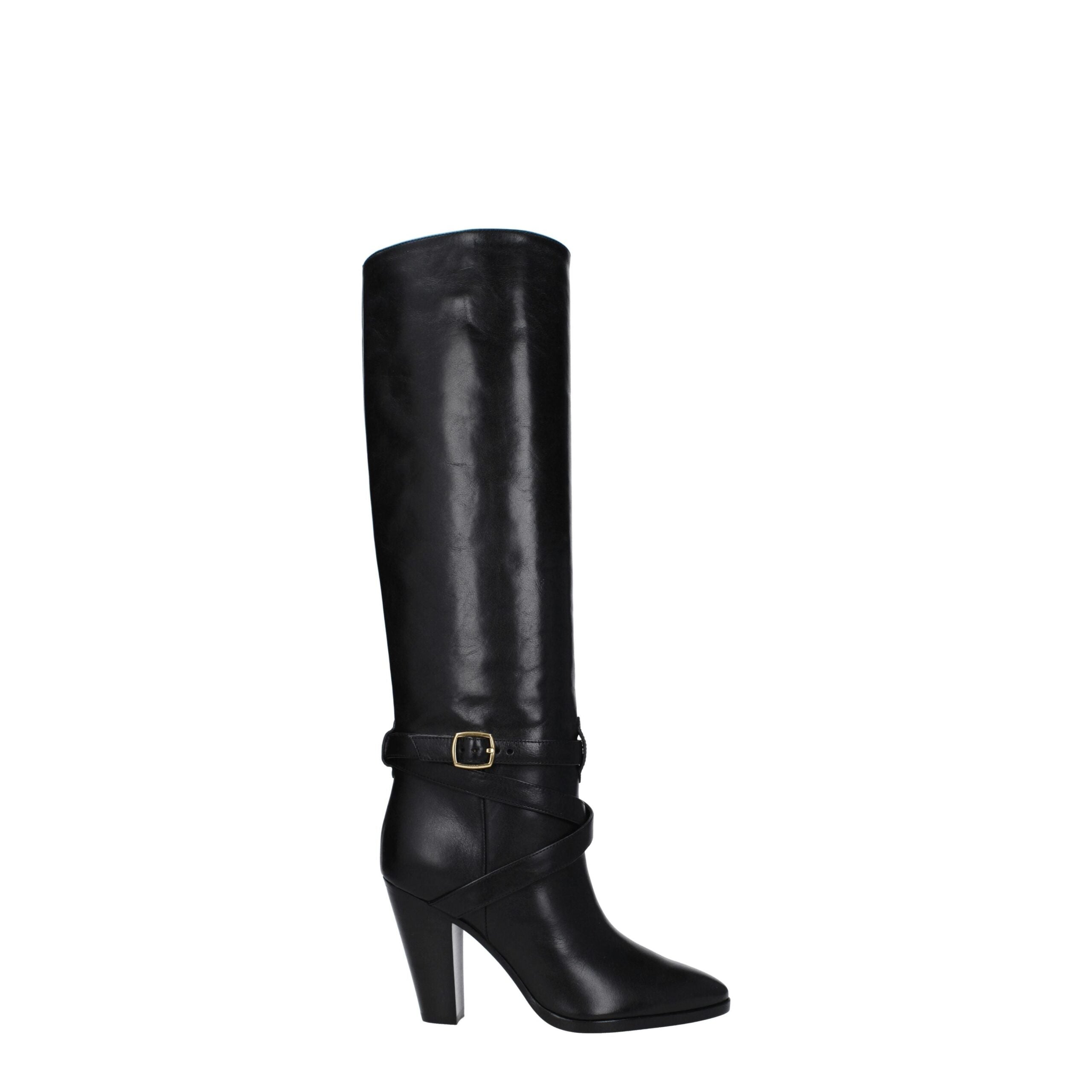 Black Leather High Heel Boots - ventzia