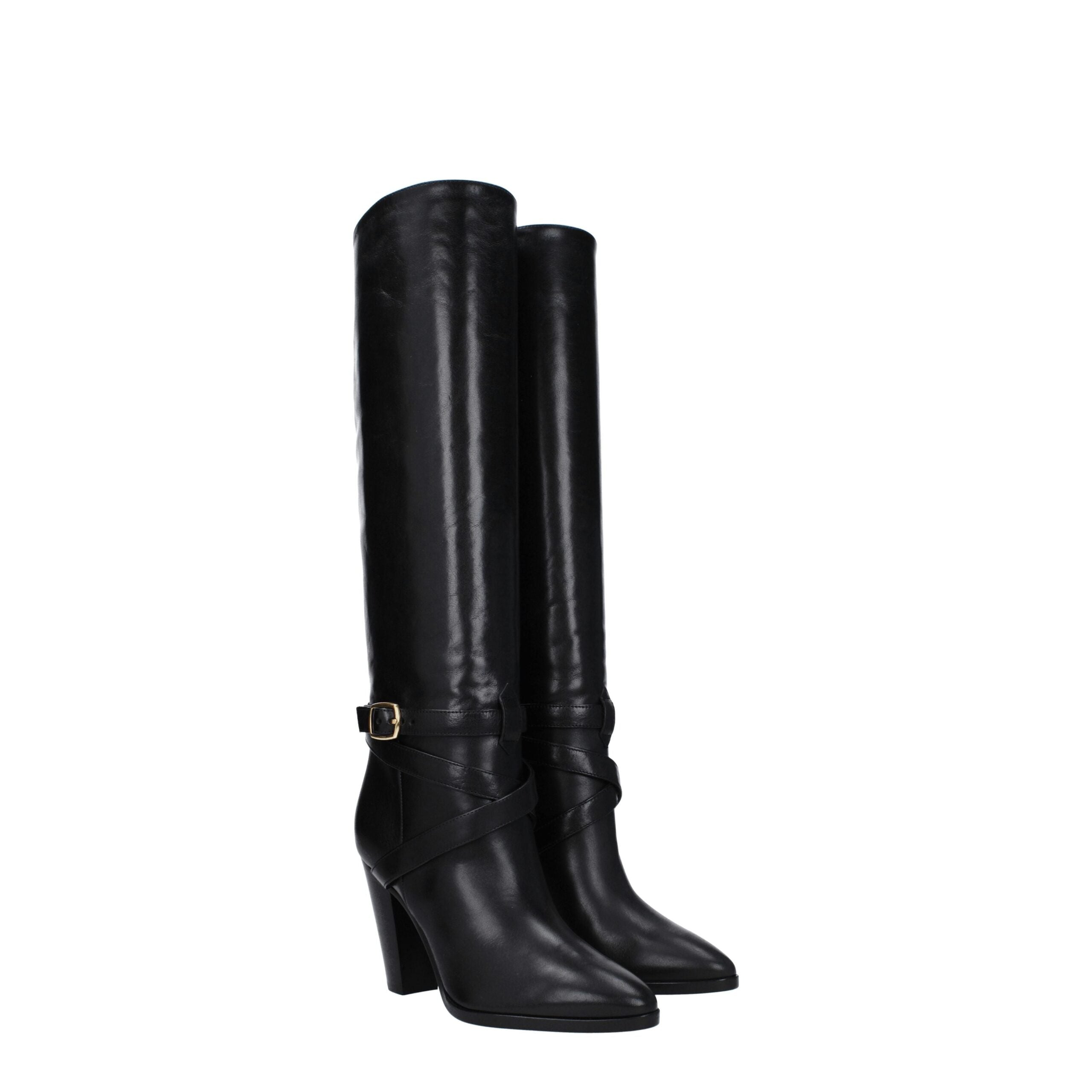 Black Leather High Heel Boots - ventzia