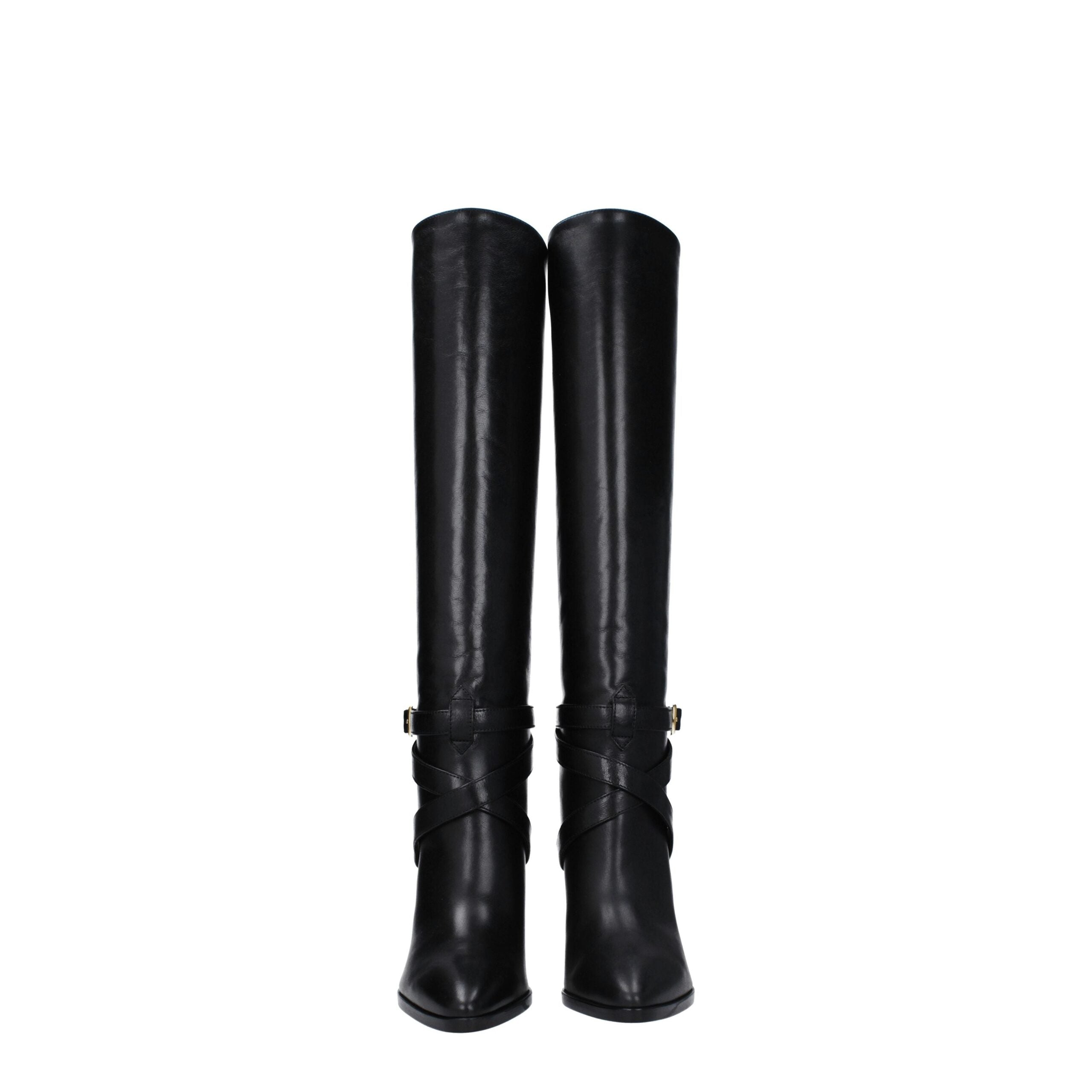 Black Leather High Heel Boots - ventzia