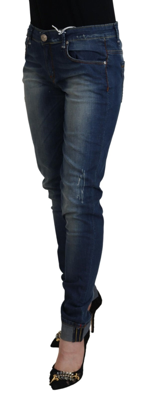 Blue Washed Cotton Slim Fit Women Denim Pants Jeans