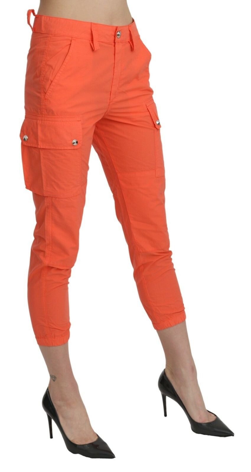 Cotton Orange High Waist Skinny Cropped Trouser Pants - ventzia