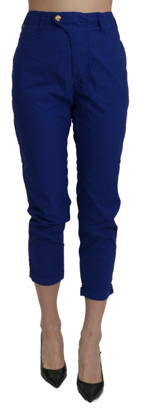 Cotton Royal Blue High Waist Skinny Cropped Trouser Pants - ventzia