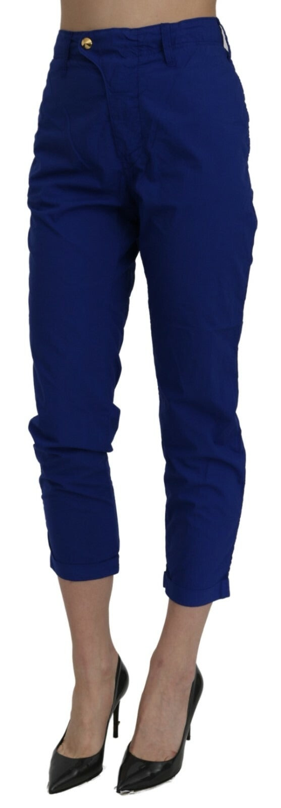 Cotton Royal Blue High Waist Skinny Cropped Trouser Pants - ventzia