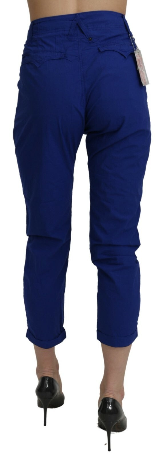 Cotton Royal Blue High Waist Skinny Cropped Trouser Pants - ventzia