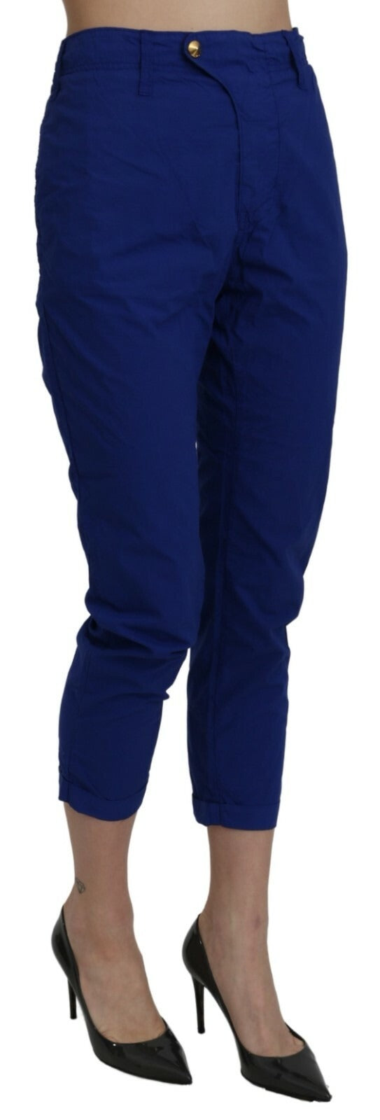 Cotton Royal Blue High Waist Skinny Cropped Trouser Pants - ventzia