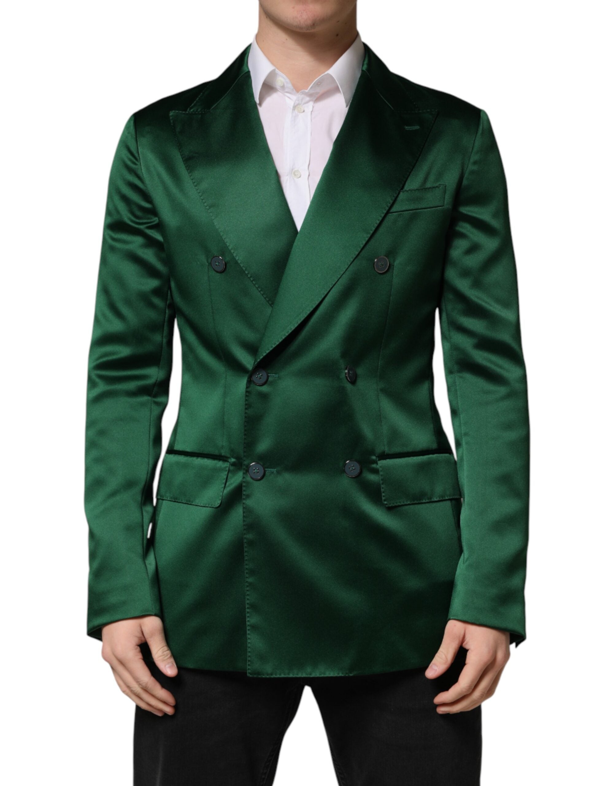 Green Satin Double Breasted Jacket Blazer - ventzia