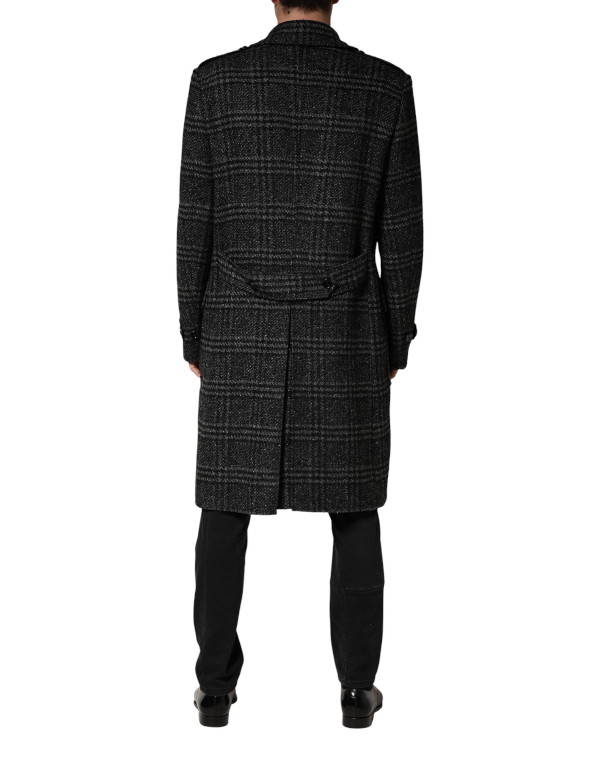 Grey Double Breasted Plaid Wool Coat Jacket - ventzia