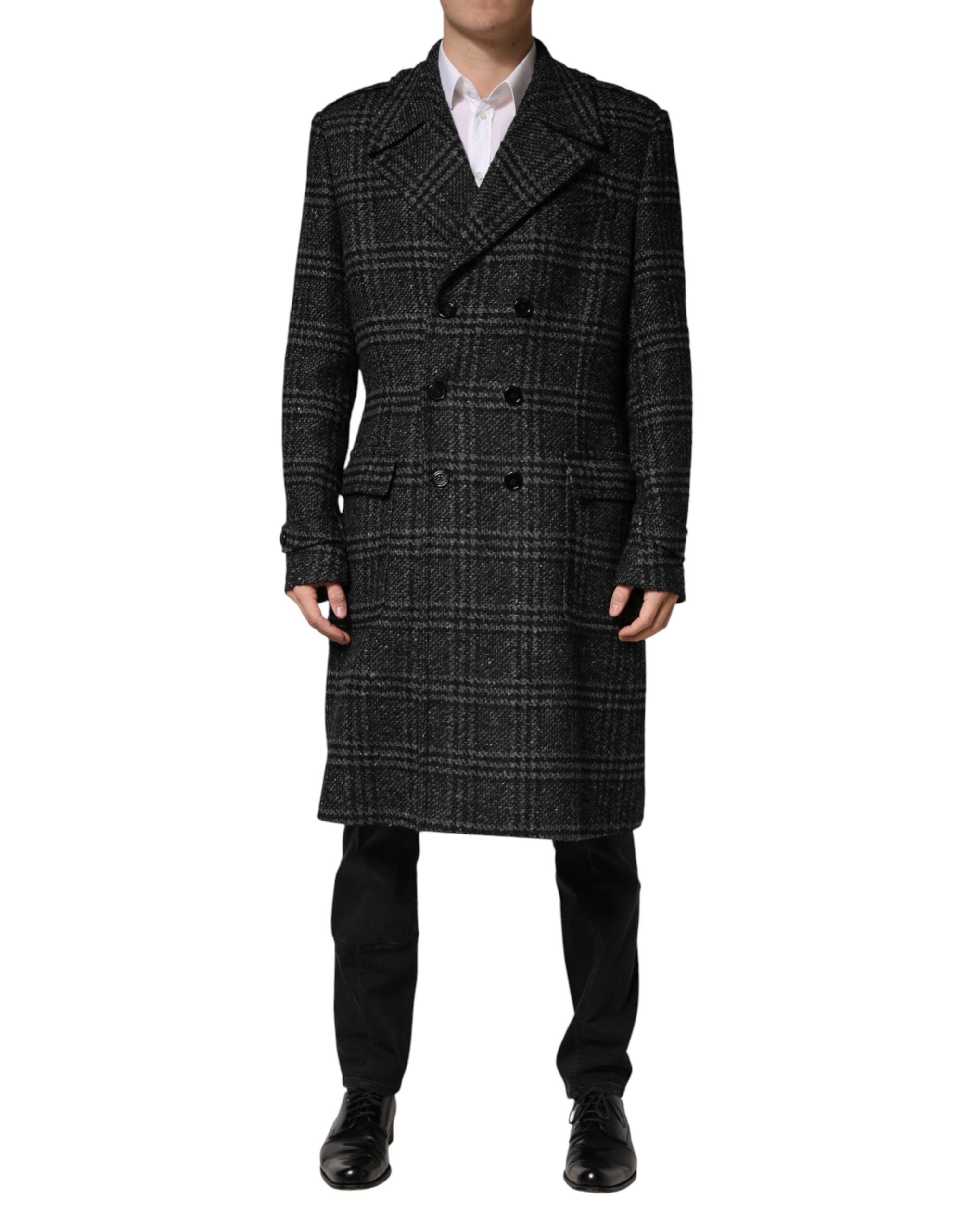 Grey Double Breasted Plaid Wool Coat Jacket - ventzia