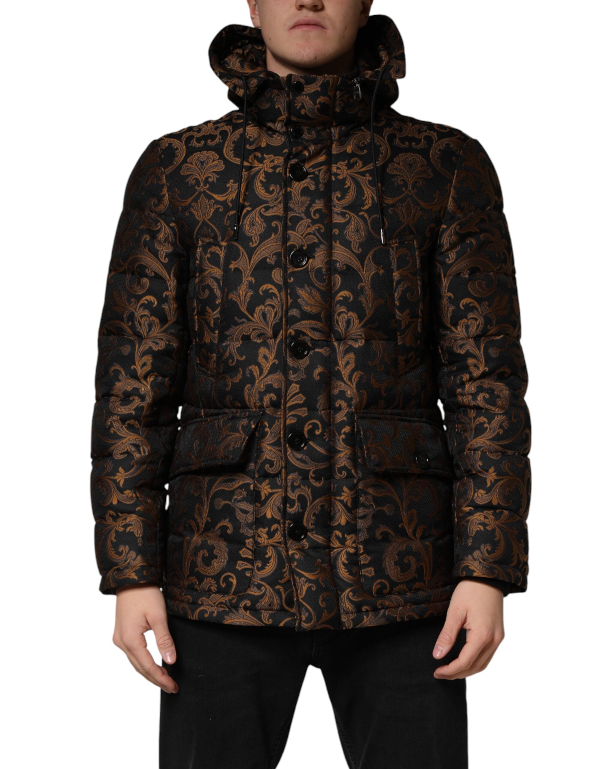 Black Floral Jacquard Quilted Hooded Jacket - ventzia