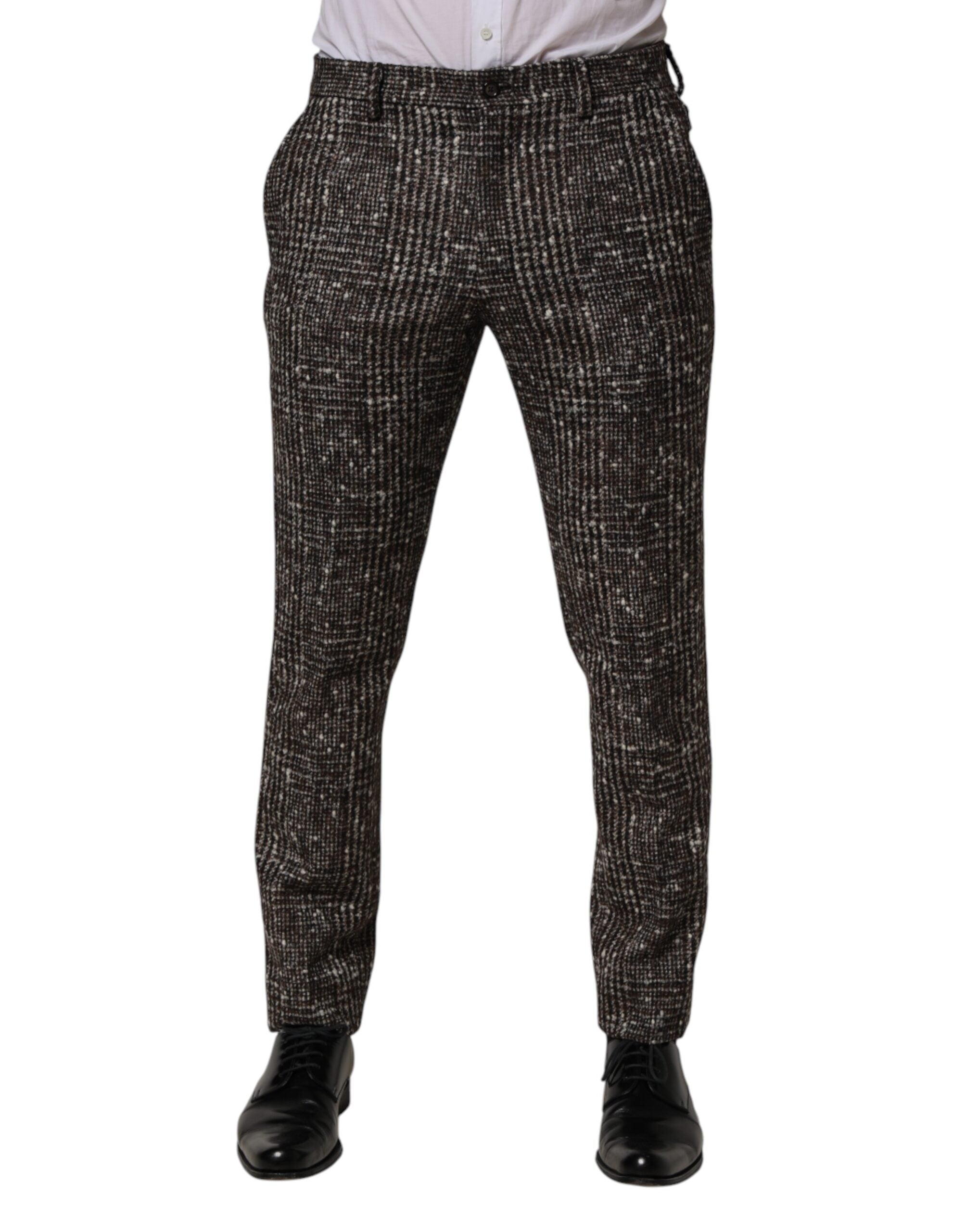 Brown Wool Plaid Skinny Dress Trouser Pants - ventzia
