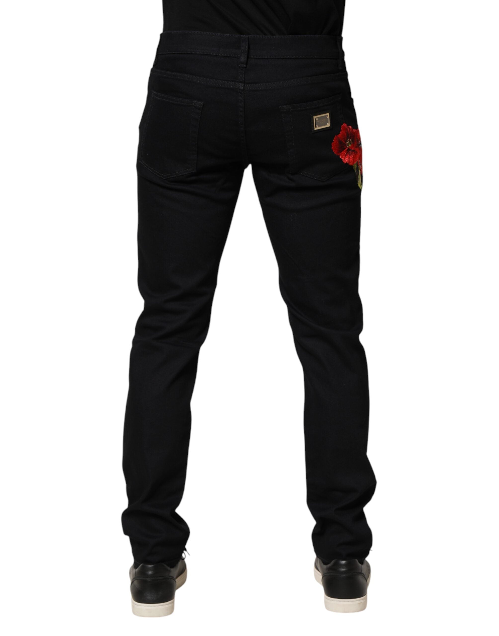 Black Floral Cotton Skinny Men Denim Jeans - ventzia
