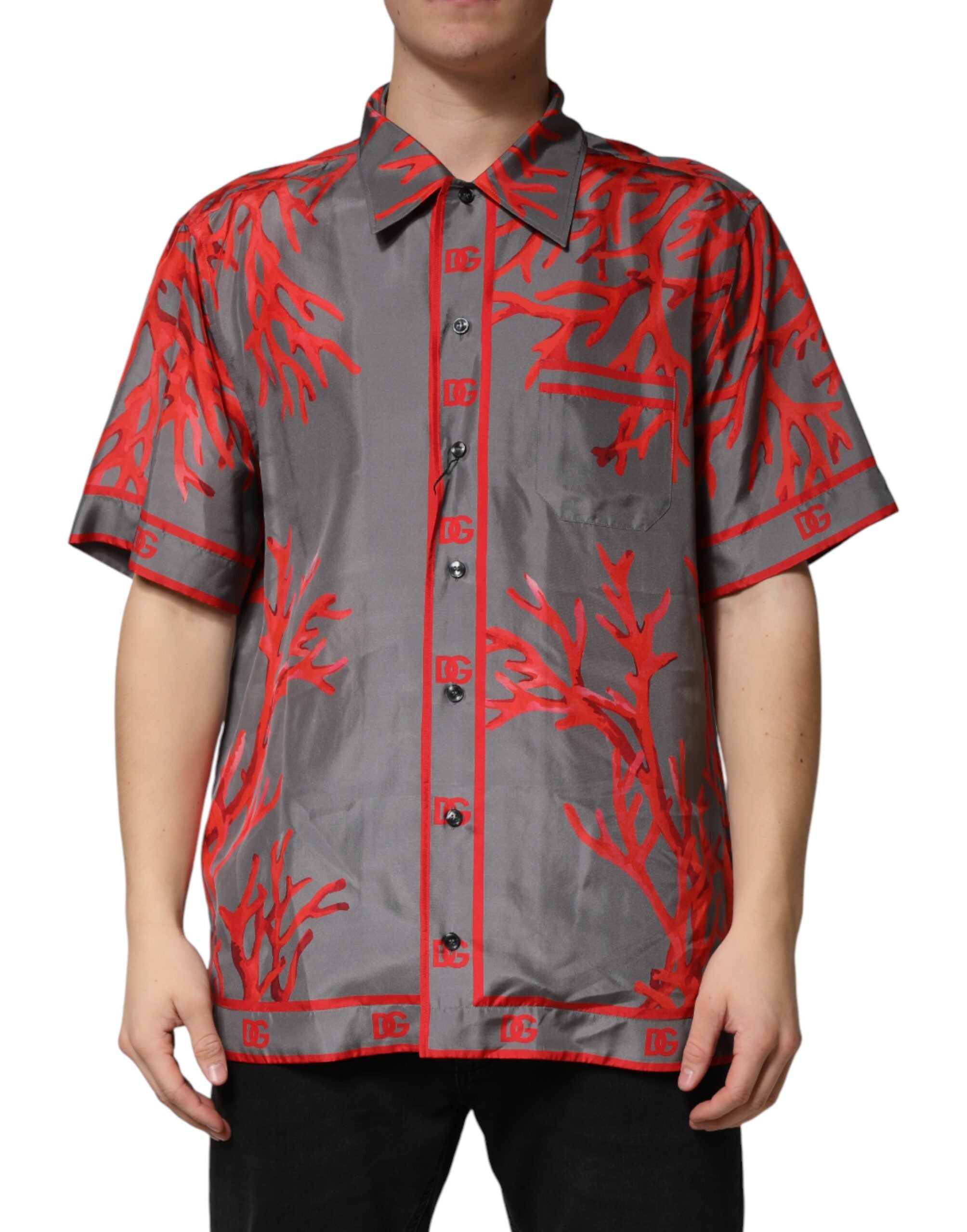 Gray Red Corals Short Sleeves Casual Shirt - ventzia