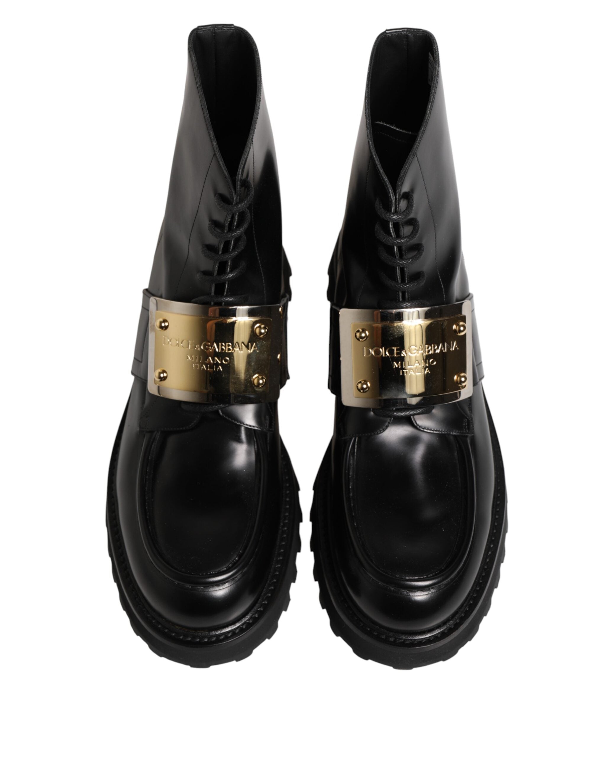 Black Leather DG Plaque Lace Up Boots Shoes - ventzia