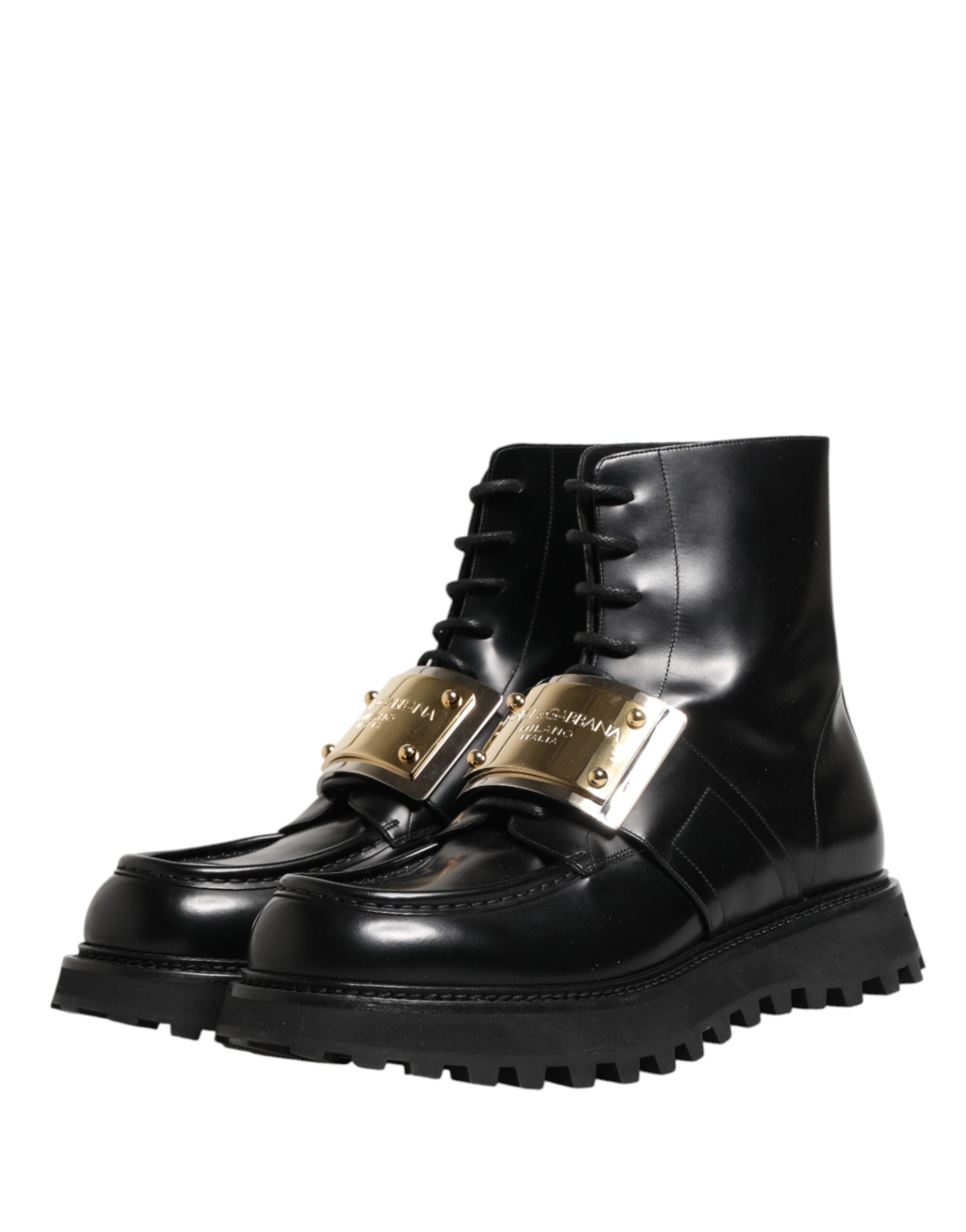 Black Leather DG Plaque Lace Up Boots Shoes - ventzia