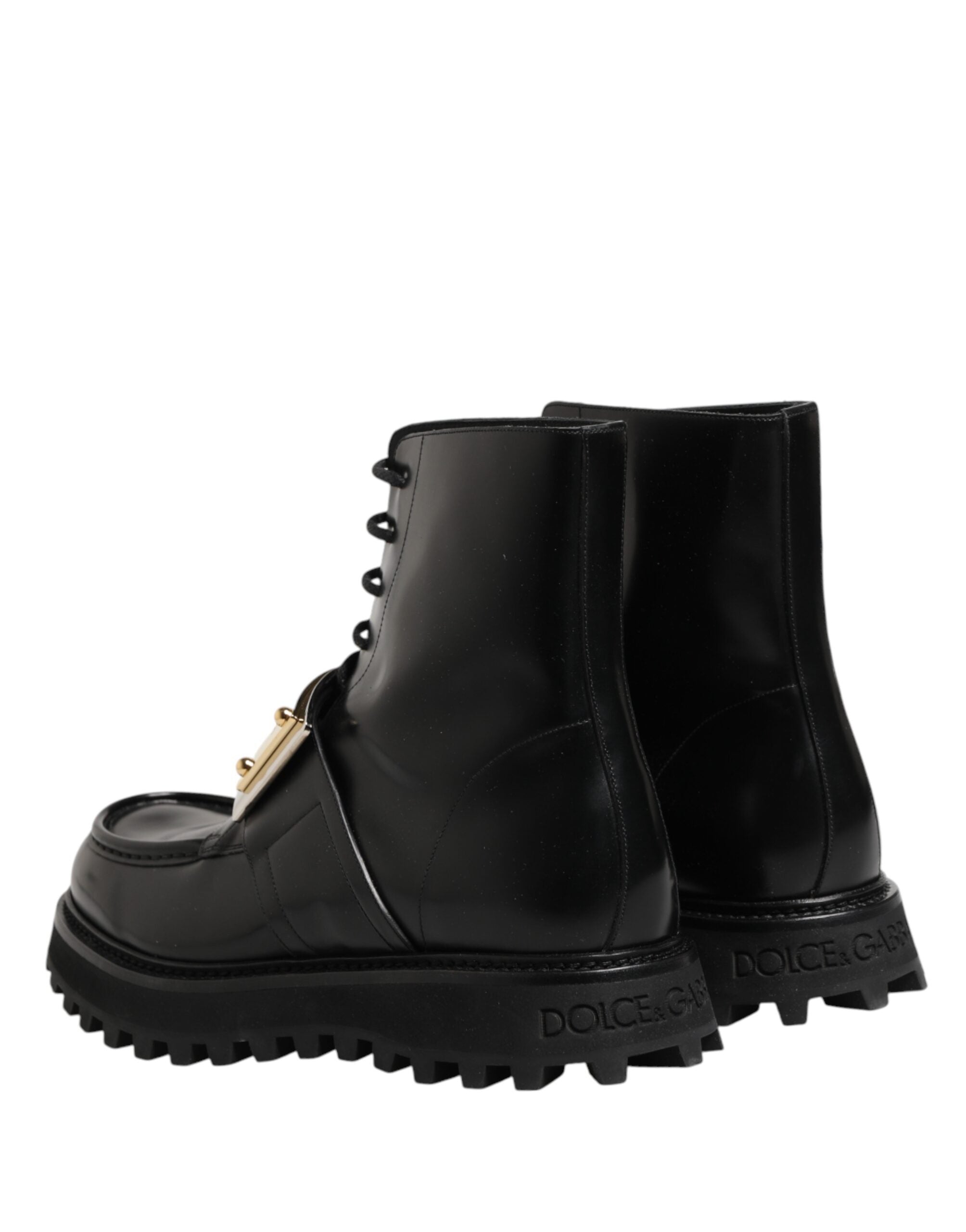 Black Leather DG Plaque Lace Up Boots Shoes - ventzia