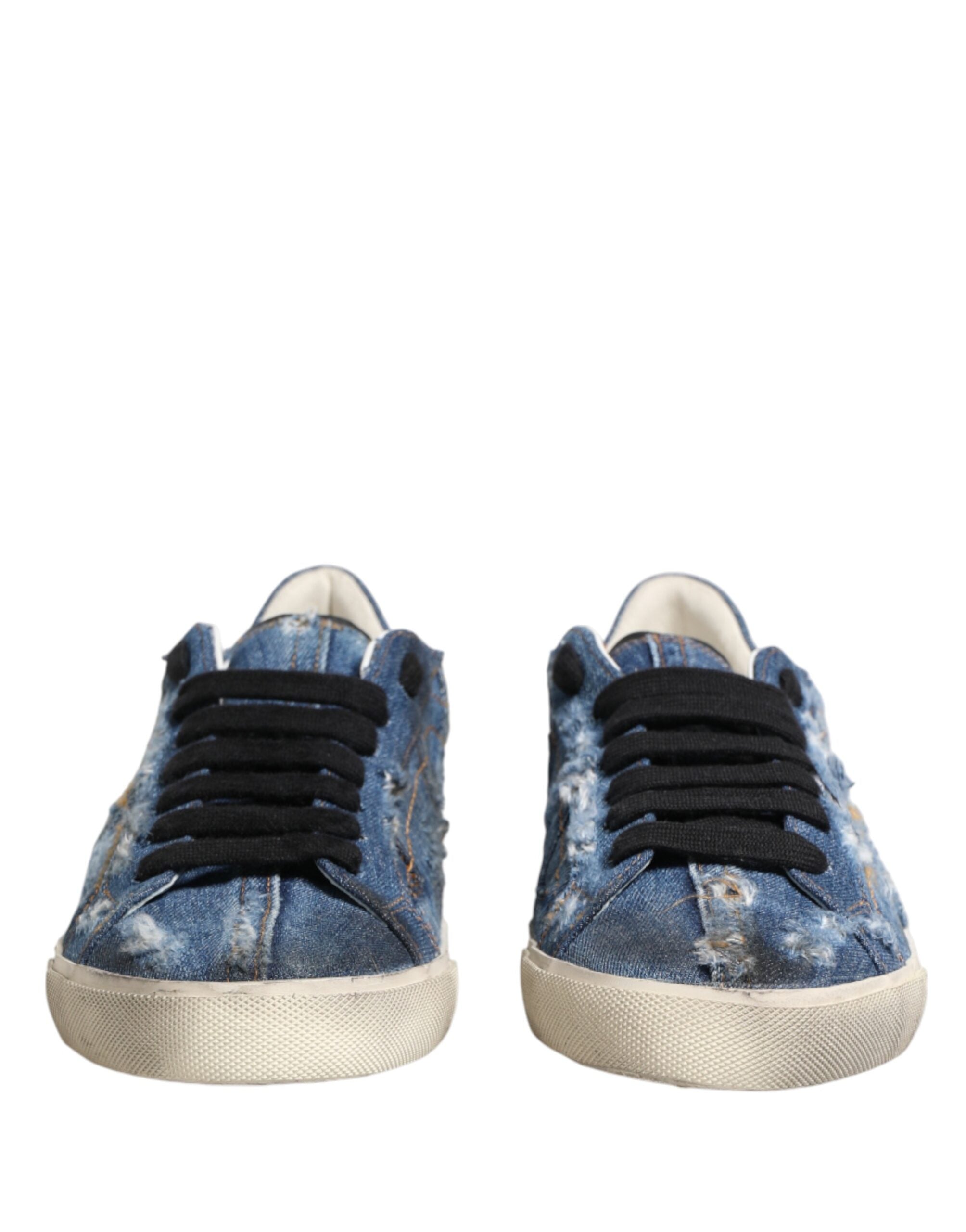 Blue Distressed Denim Low Top Sneakers Shoes - ventzia