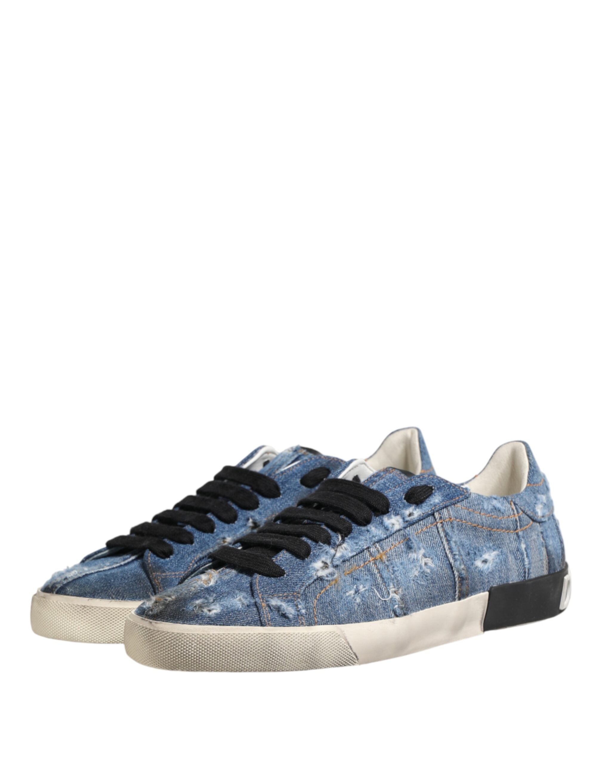Blue Distressed Denim Low Top Sneakers Shoes - ventzia